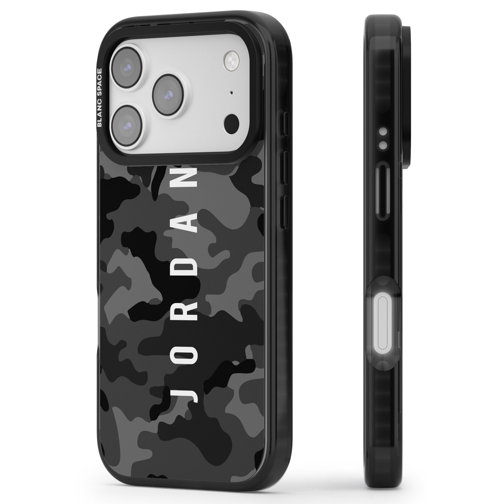Personalised Black Camouflage Name iPhone 17 Pro Impact Black Phone Case Side Profile