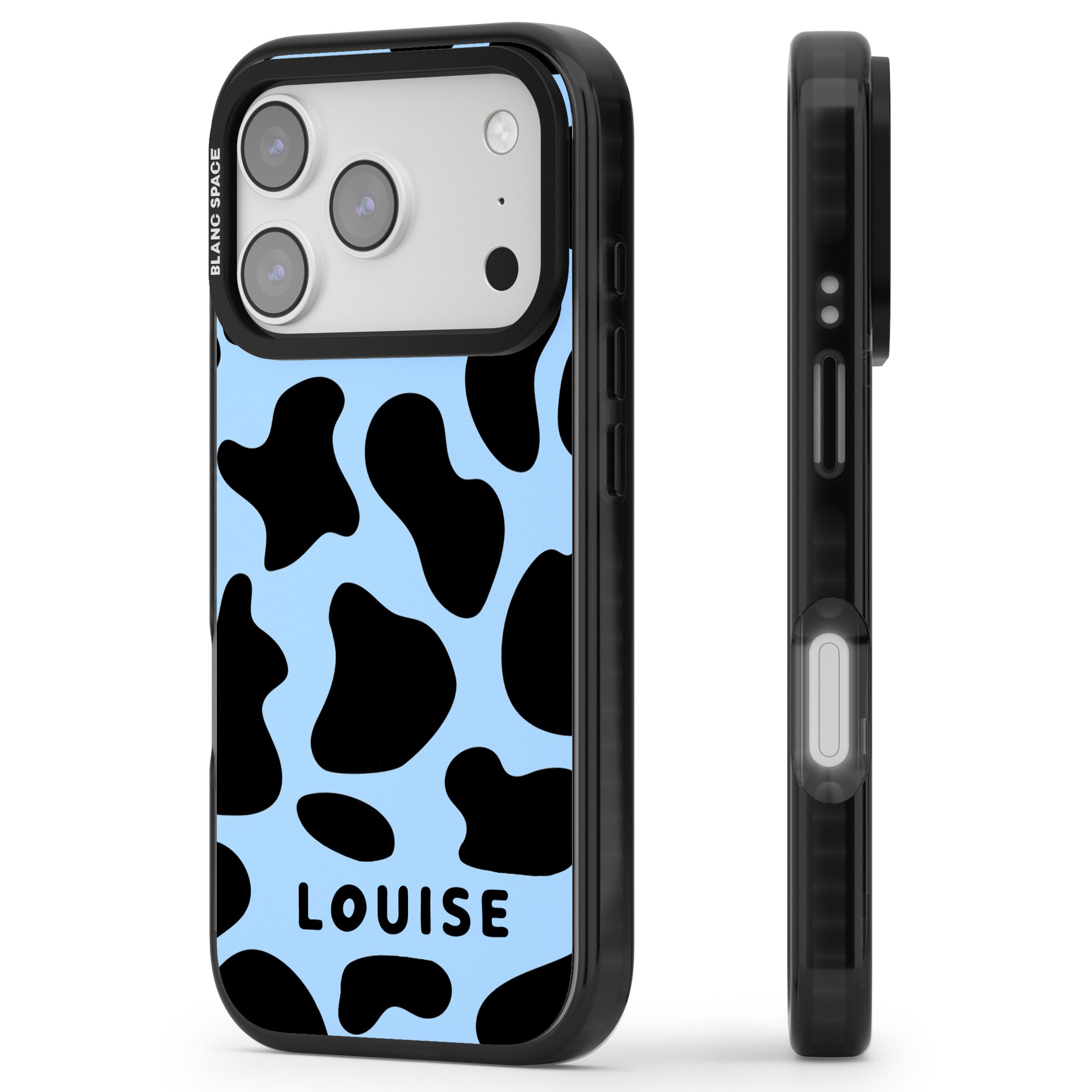 Personalised Blue And Black Cow Print iPhone 17 Pro Impact Black Phone Case Side Profile