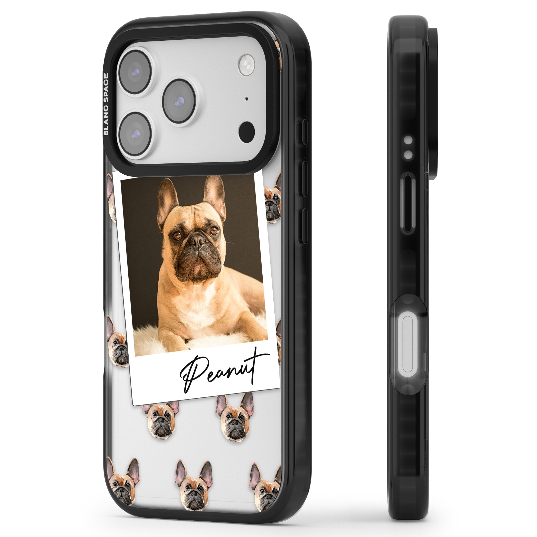 Personalised Tan French Bulldog Instant Camera Photo iPhone 17 Pro Impact Black Phone Case Side Profile