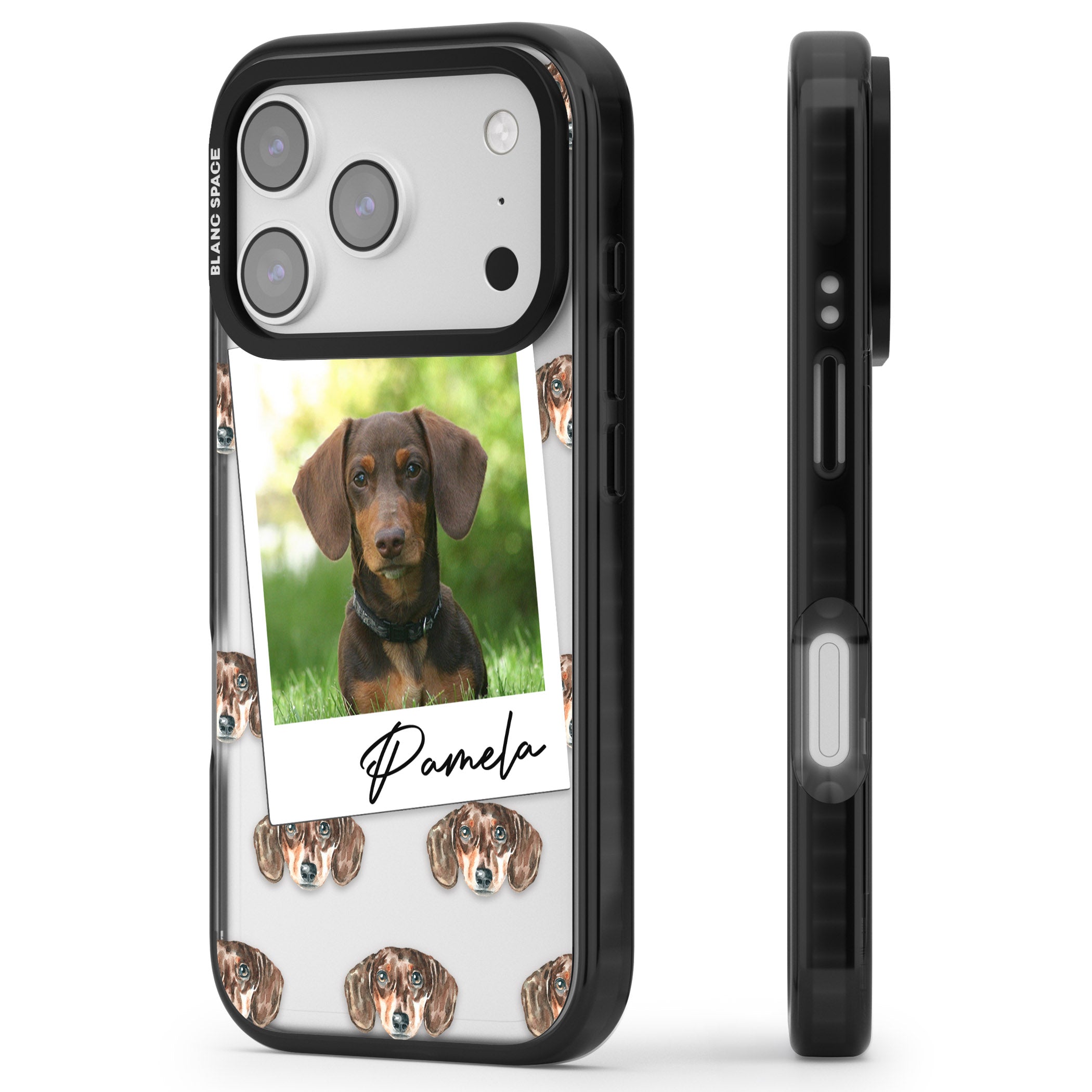 Personalised Brown Dachshund Instant Camera Photo iPhone 17 Pro Impact Black Phone Case Side Profile