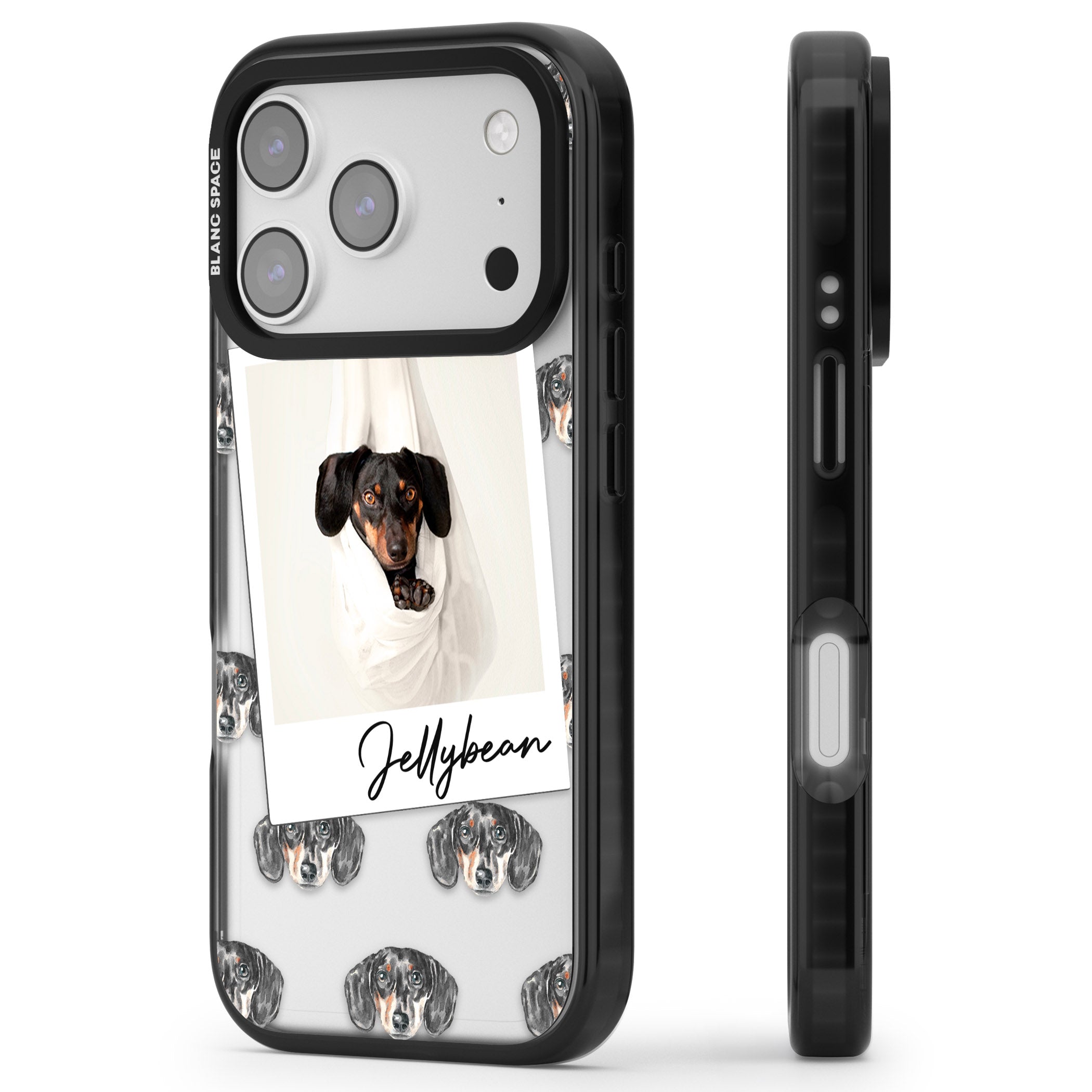 Personalised Black Dachshund Instant Camera Photo iPhone 17 Pro Impact Black Phone Case Side Profile