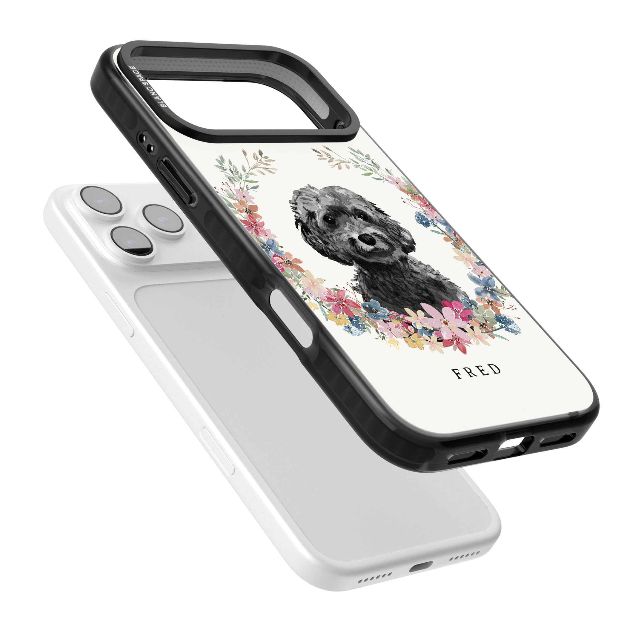 Personalised Black Cockapoo Floral Portrait iPhone 17 Pro Impact Black Phone Case Colours
