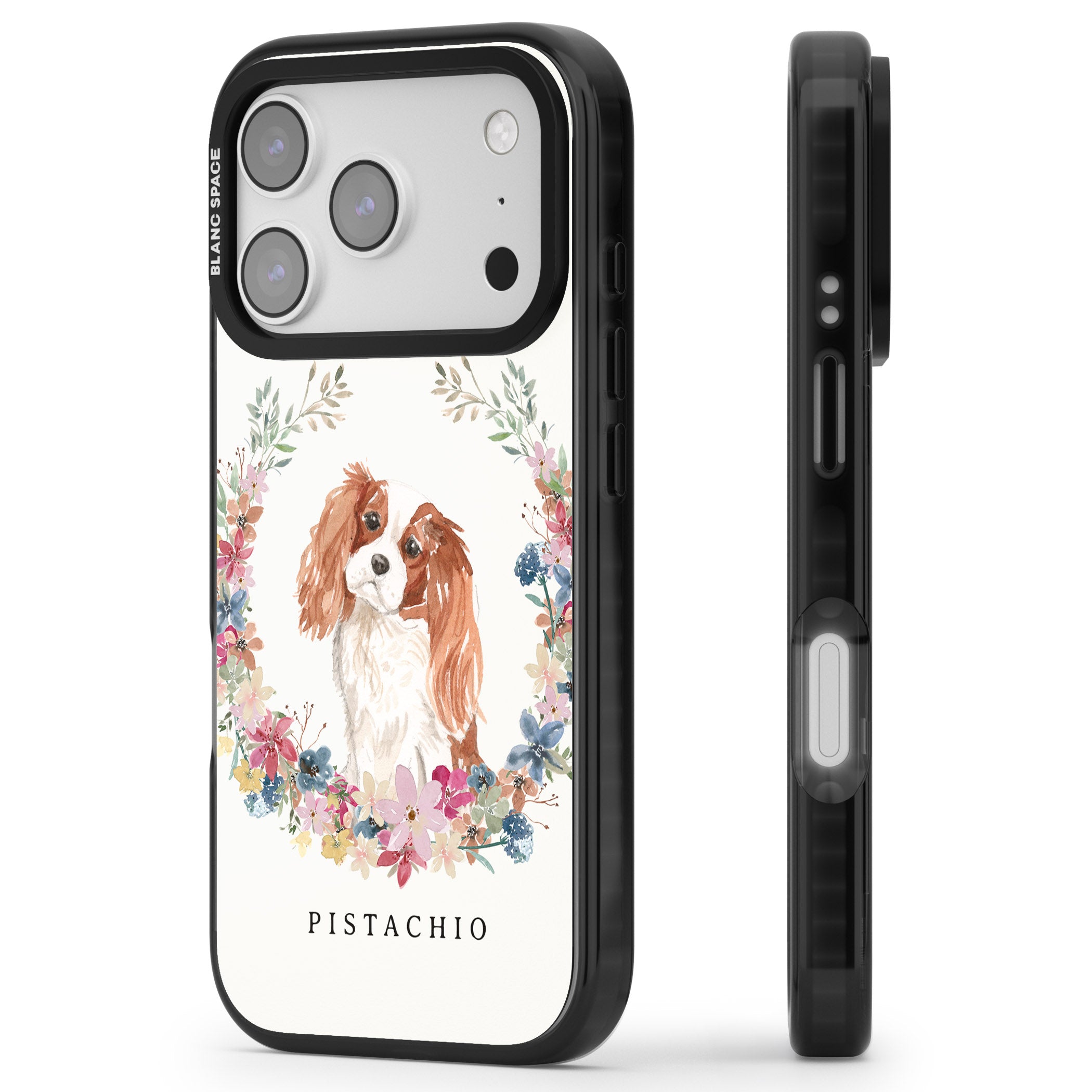Personalised Cavalier King Charles Floral Portrait iPhone 17 Pro Impact Black Phone Case Side Profile