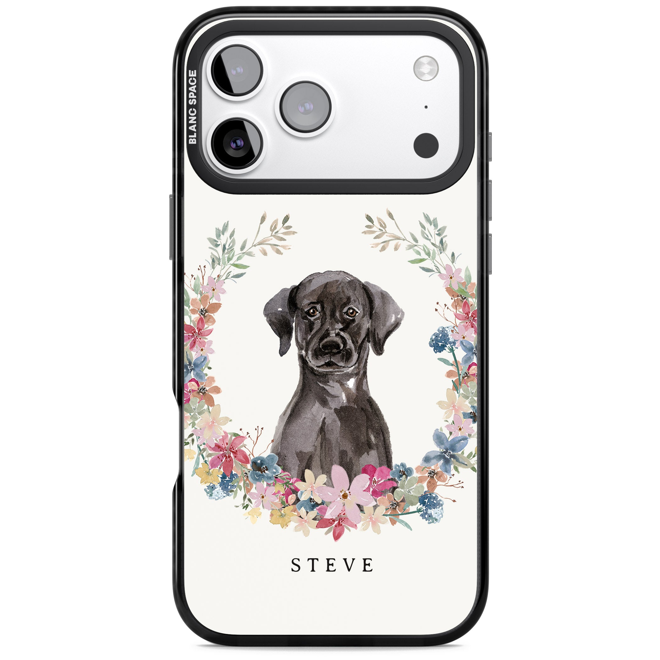 Personalised Black Labrador Floral Portrait iPhone 17 Pro Impact Black Phone Case