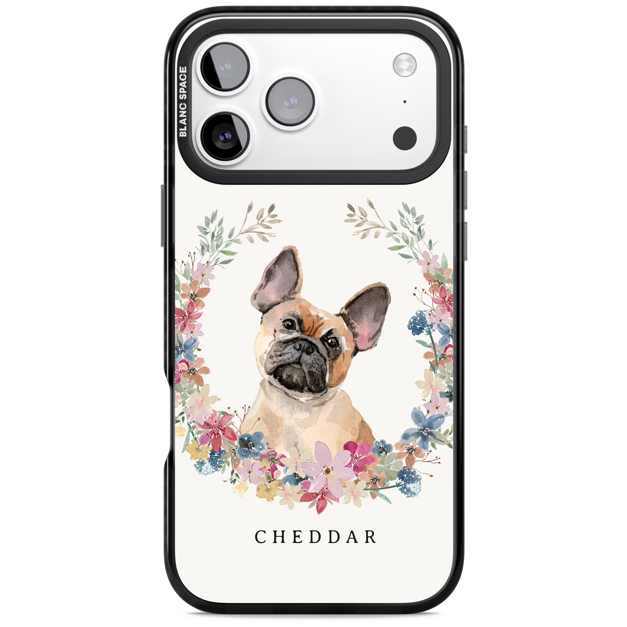 Personalised Tan French Bulldog Floral Portrait iPhone 17 Pro Impact Black Phone Case