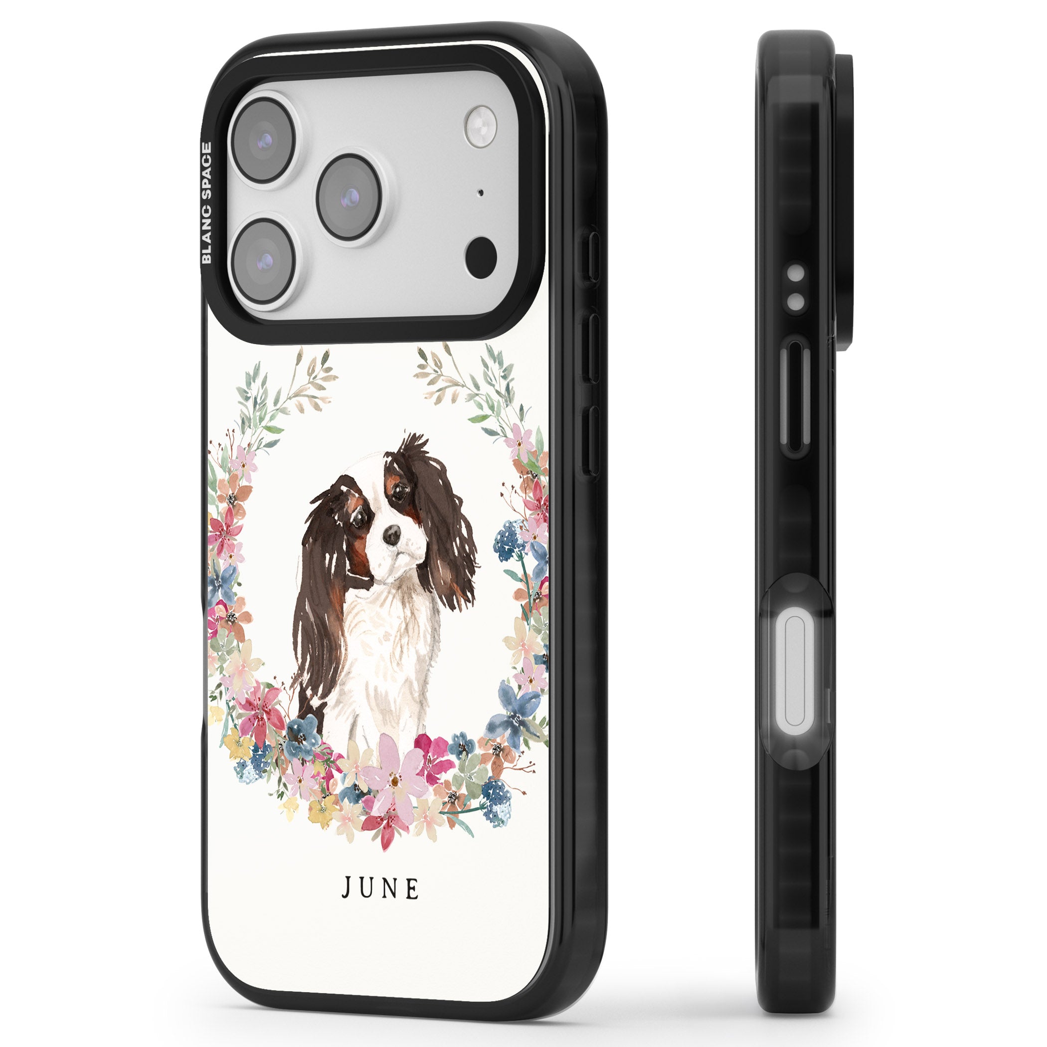 Personalised King Charles Floral Portrait iPhone 17 Pro Impact Black Phone Case Side Profile
