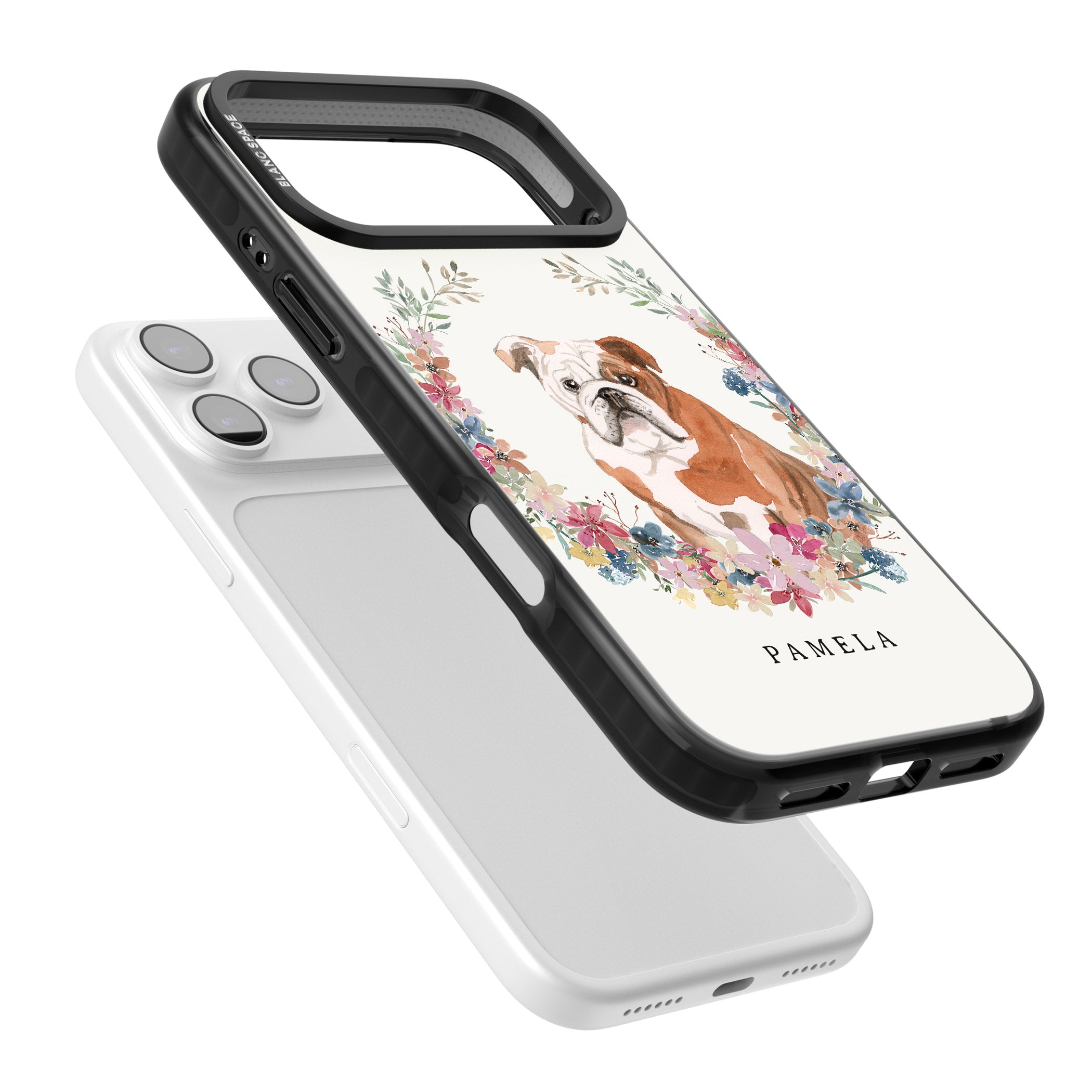 Personalised English Bulldog Floral Portrait iPhone 17 Pro Impact Black Phone Case Colours
