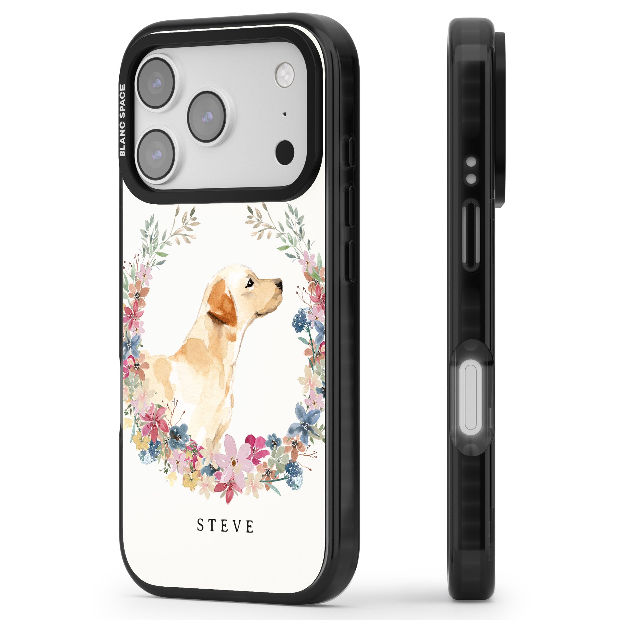 Personalised Yellow Labrador Floral Portrait iPhone 17 Pro Impact Black Phone Case Side Profile