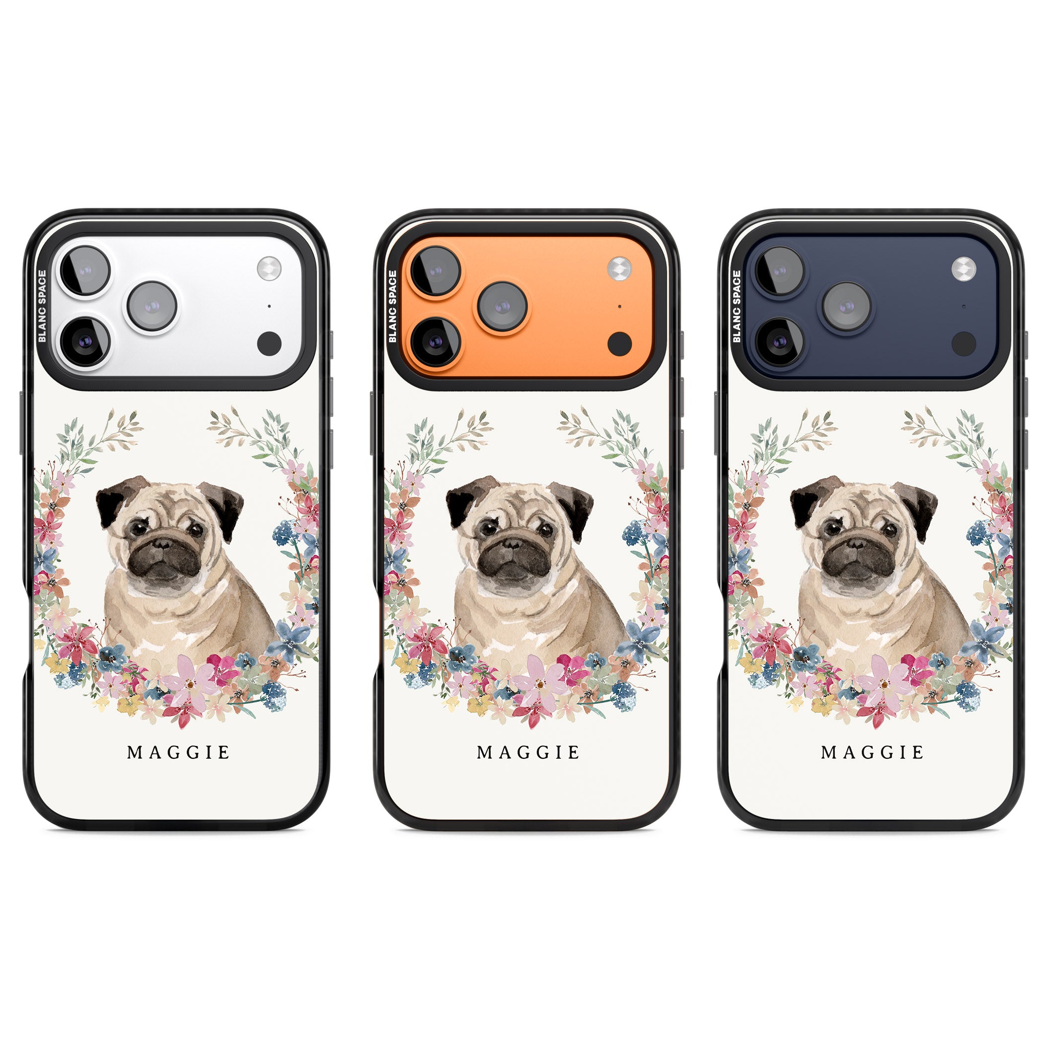Personalised Pug Floral Portrait iPhone 17 Pro Impact Black Phone Case APT Impact Protection