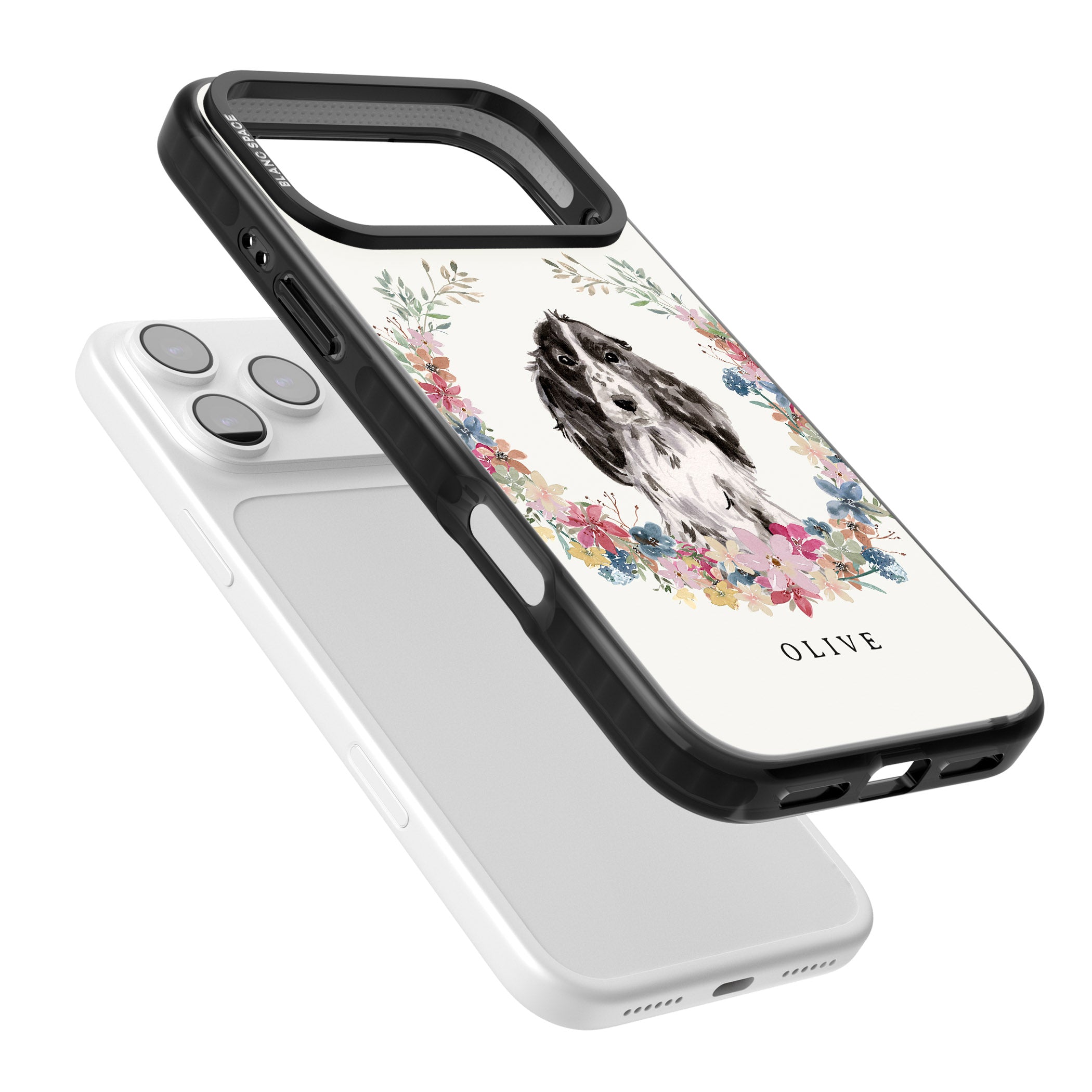 Personalised Black Cocker Spaniel Floral Portrait iPhone 17 Pro Impact Black Phone Case Colours