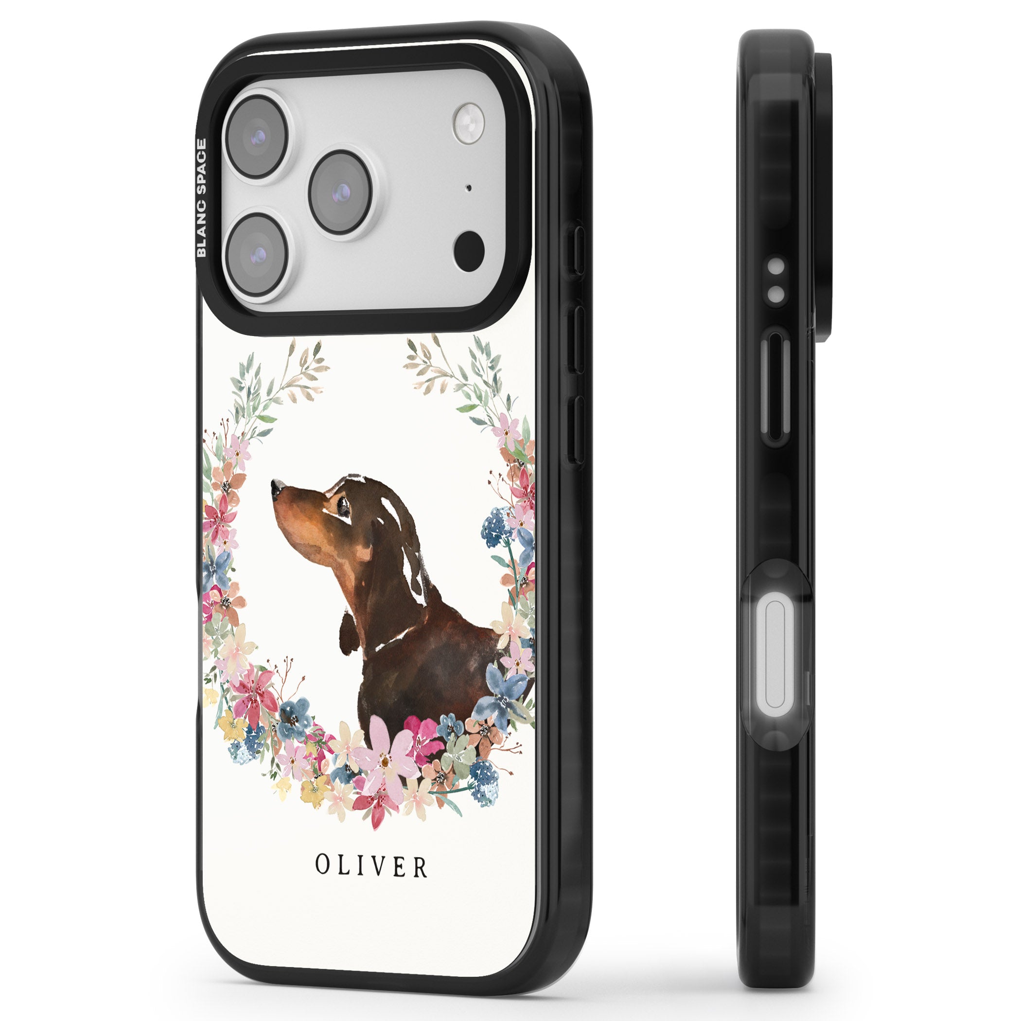 Personalised Black & Tan Dachshund Floral Portrait iPhone 17 Pro Impact Black Phone Case Side Profile