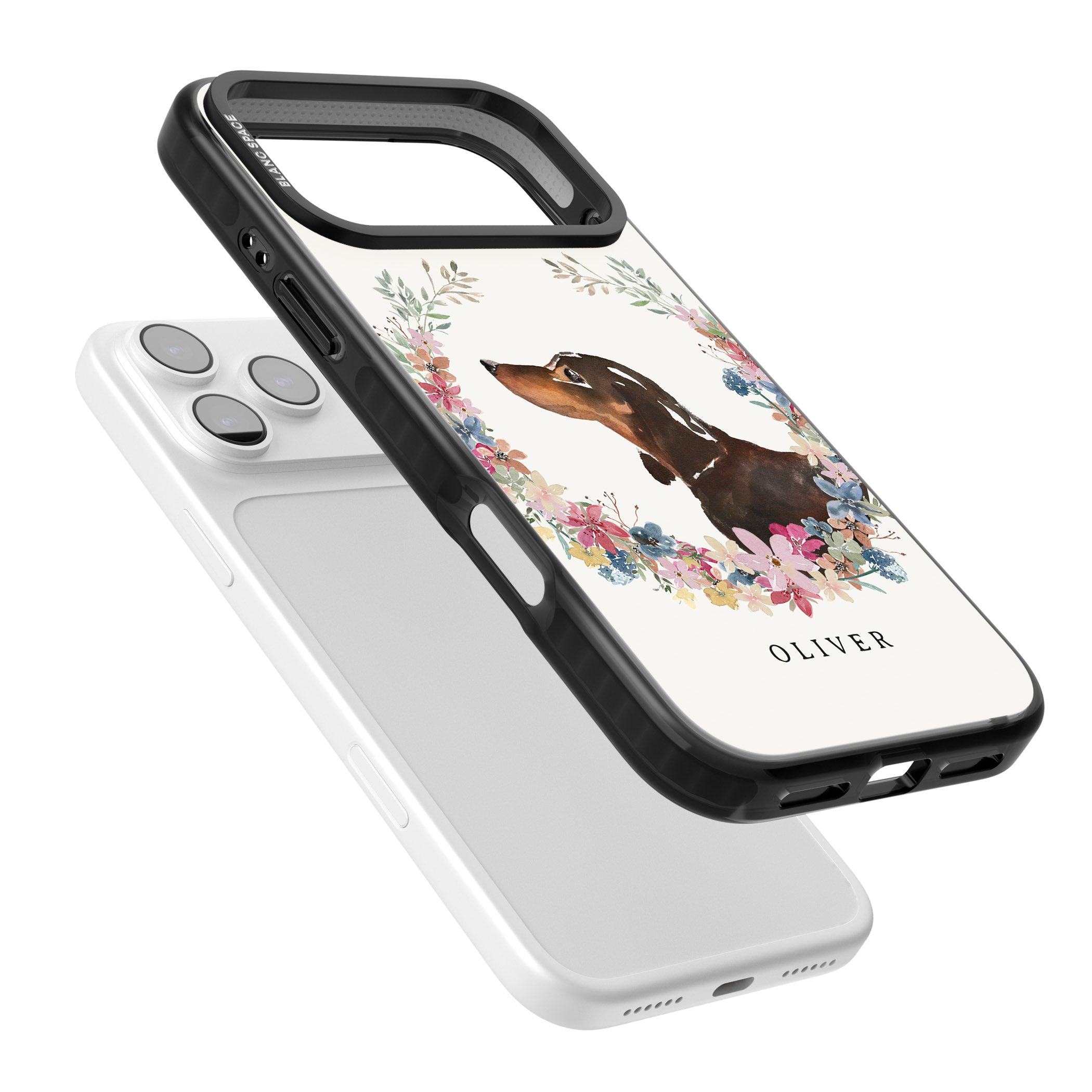 Personalised Black & Tan Dachshund Floral Portrait iPhone 17 Pro Impact Black Phone Case Colours