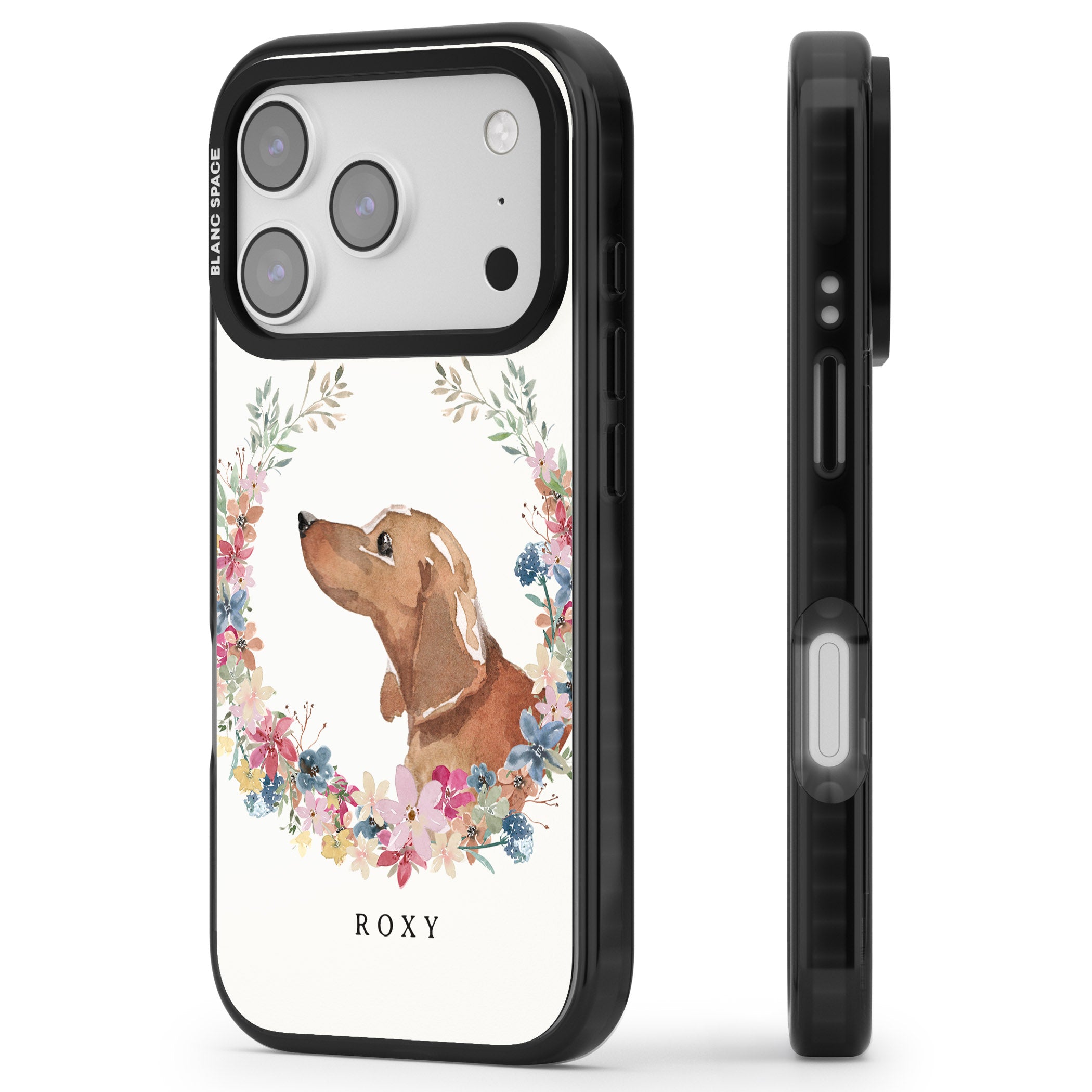 Personalised Tan Dachshund Floral Portrait iPhone 17 Pro Impact Black Phone Case Side Profile