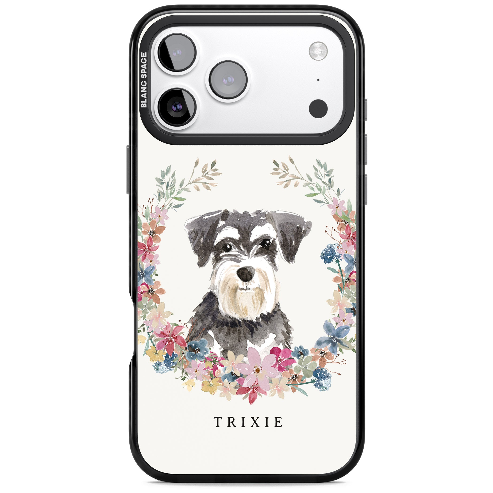 Personalised Watercolor Schnauzer Floral Portrait iPhone 17 Pro Impact Black Phone Case