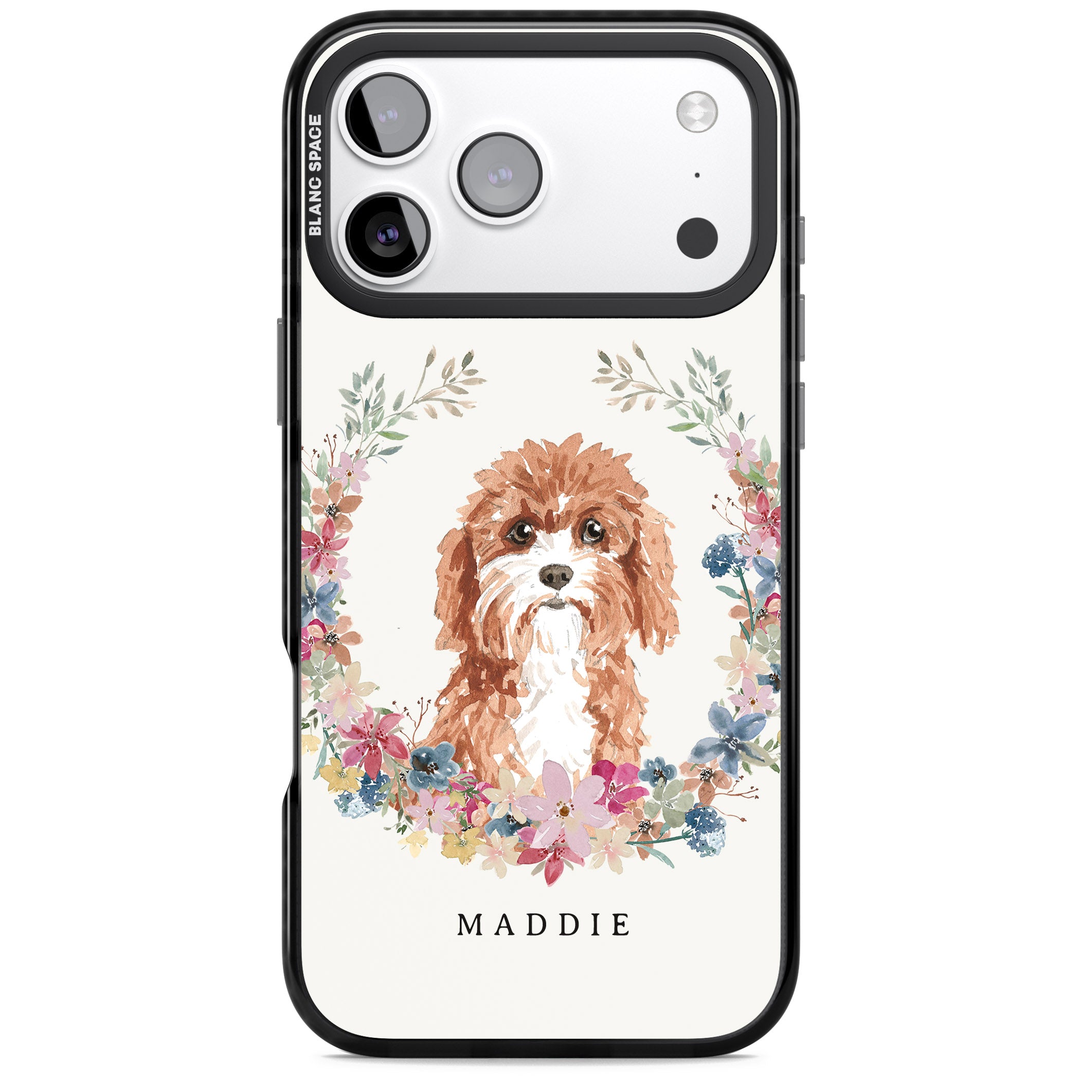 Personalised Cavapoo Floral Portrait iPhone 17 Pro Impact Black Phone Case