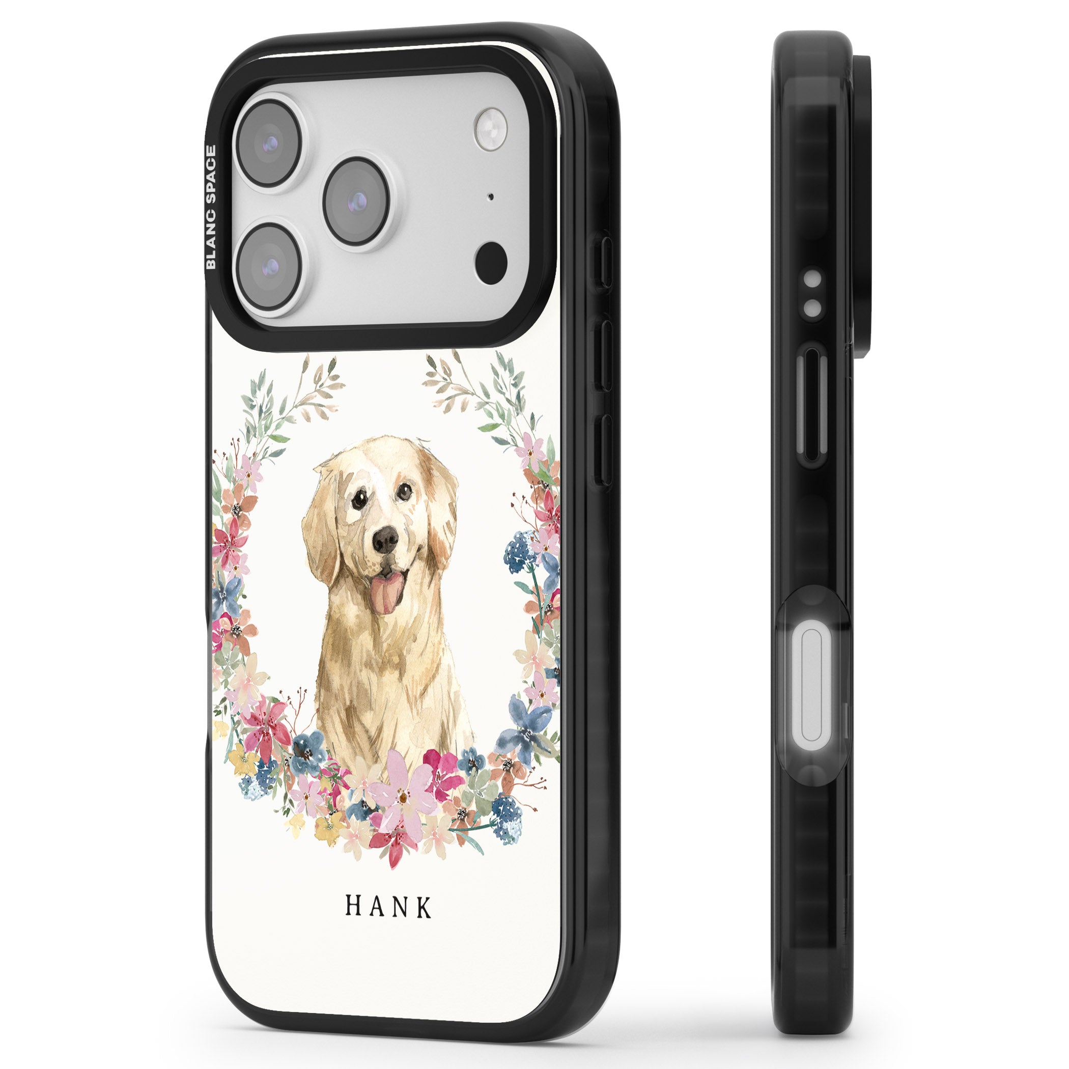 Personalised Golden Retriever Floral Portrait iPhone 17 Pro Impact Black Phone Case Side Profile