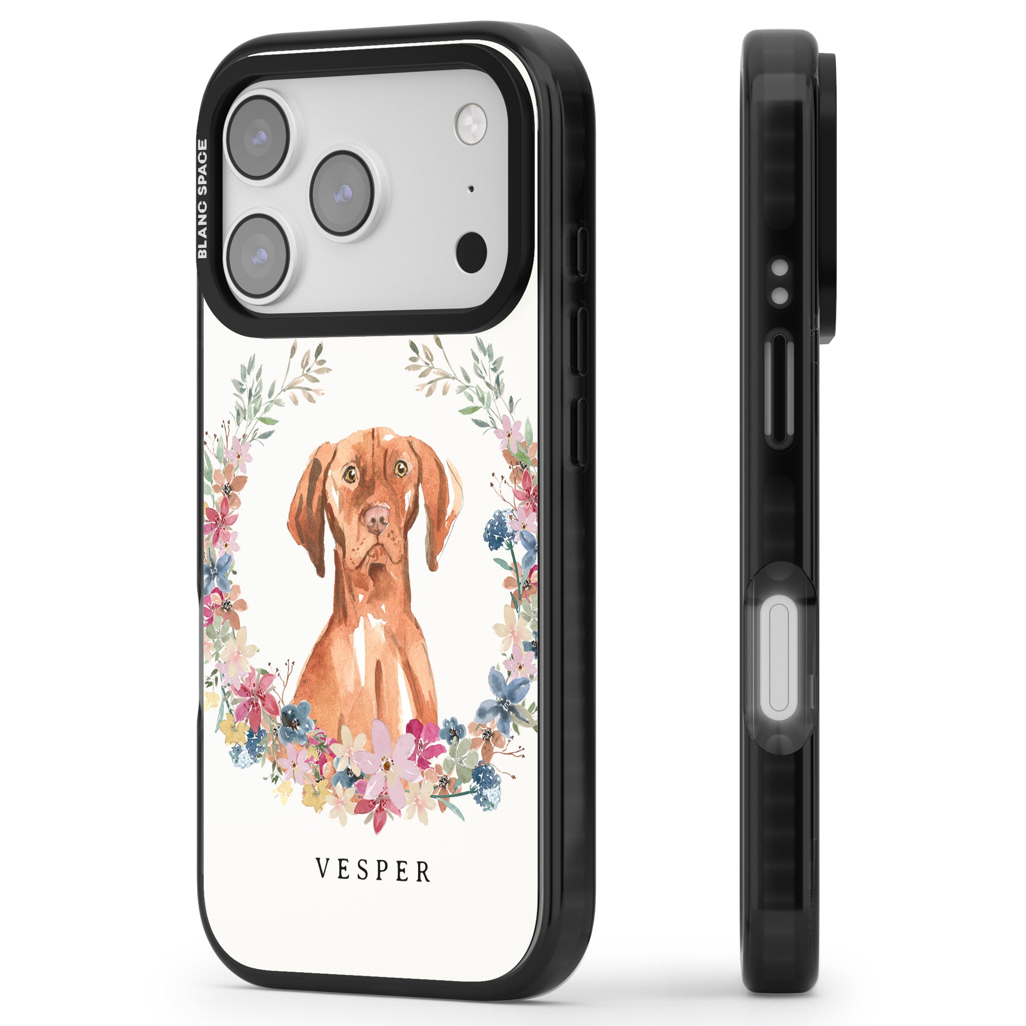 Personalised Hungarian Vizsla Floral Portrait iPhone 17 Pro Impact Black Phone Case Side Profile