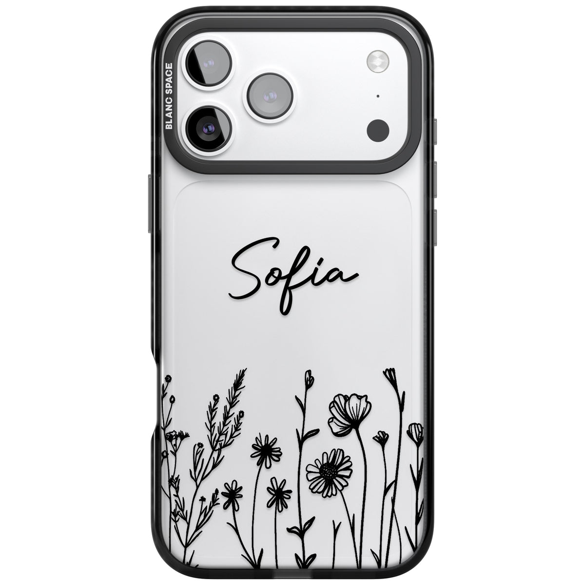 Personalised Black Wildflowers iPhone 17 Pro Max Impact Black Phone Case front