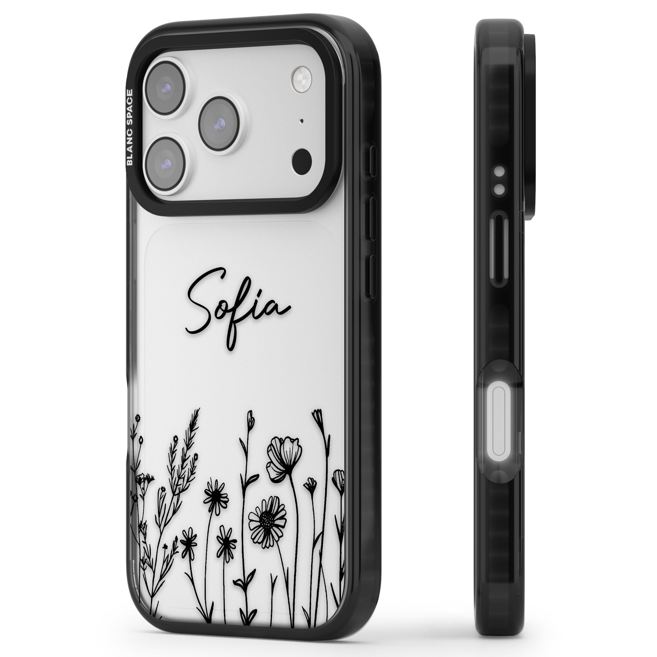 Personalised Black Wildflowers iPhone 17 Pro Impact Black Phone Case Side Profile