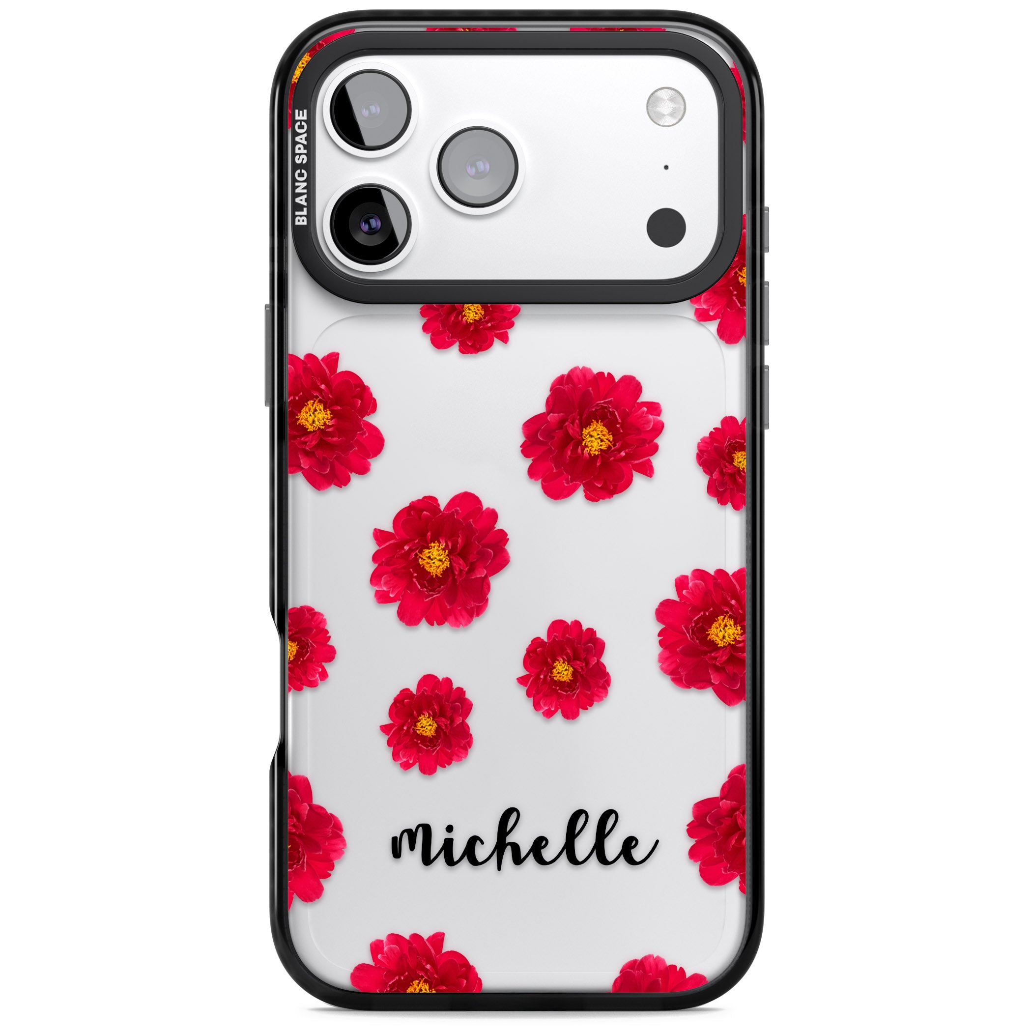 Personalised Red Peonies & Cursive iPhone 17 Pro Impact Black Phone Case