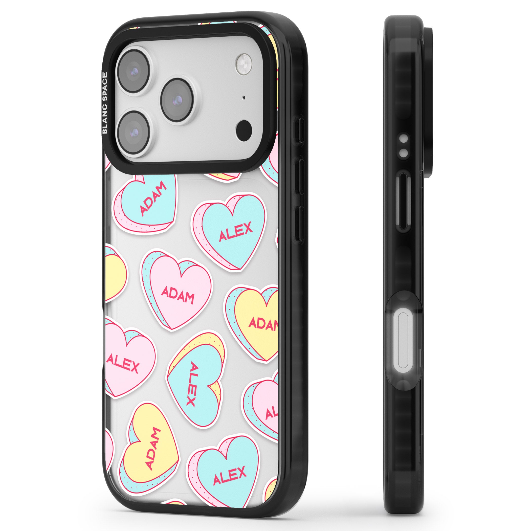 Personalised Love Hearts iPhone 17 Pro Impact Black Phone Case Side Profile