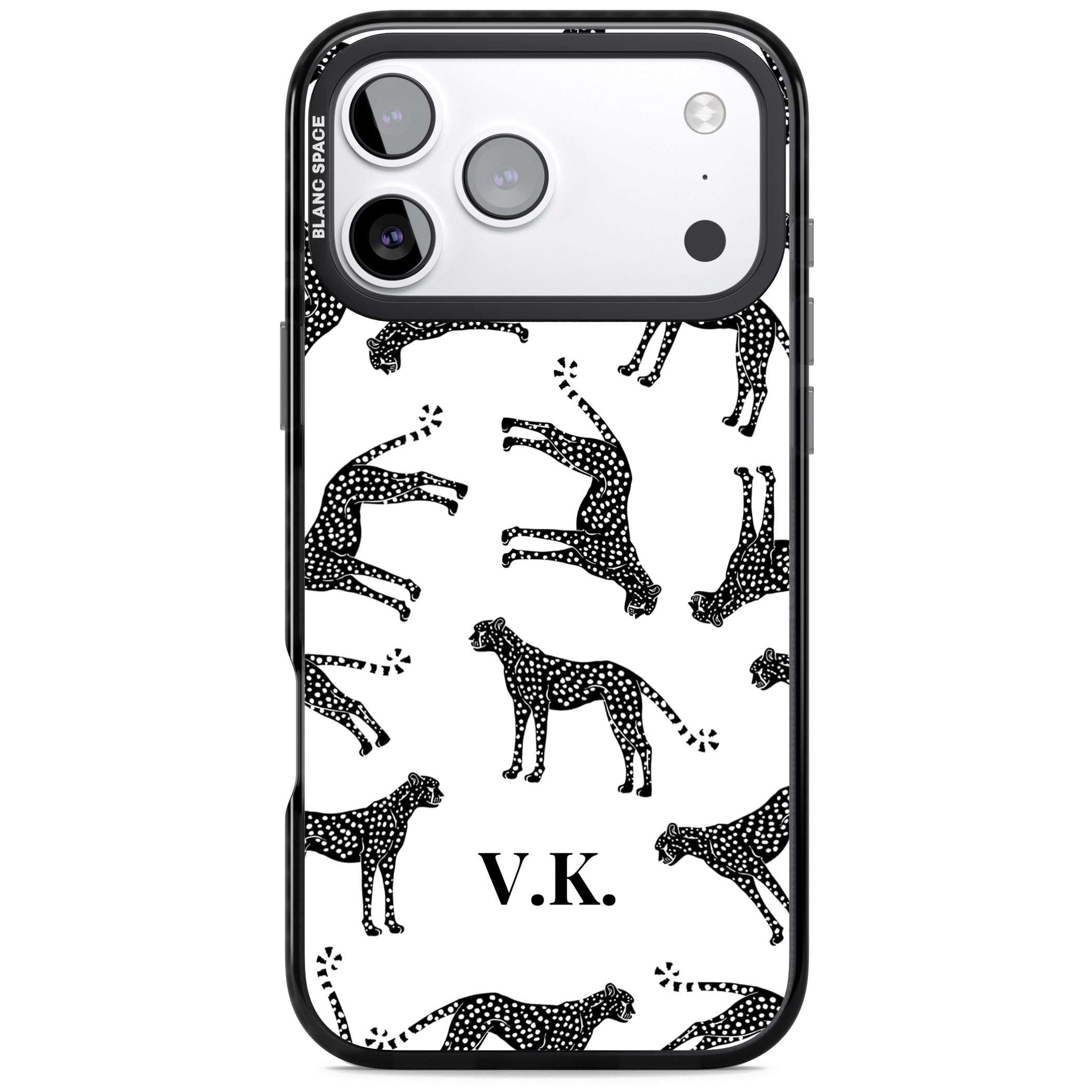 Personalised Black & White Cheetah Pattern iPhone 17 Pro Impact Black Phone Case