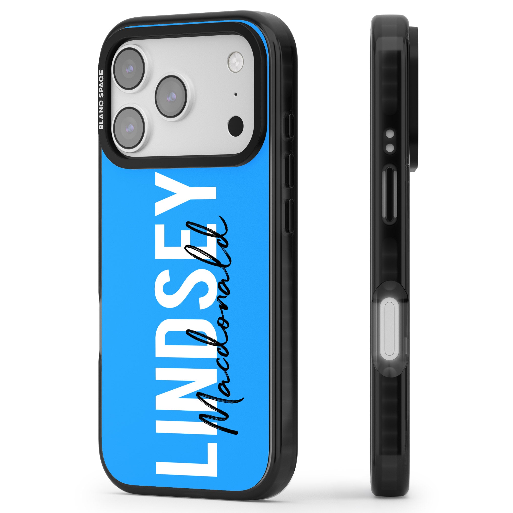 Personalised Bold Name: Blue iPhone 17 Pro Impact Black Phone Case Side Profile