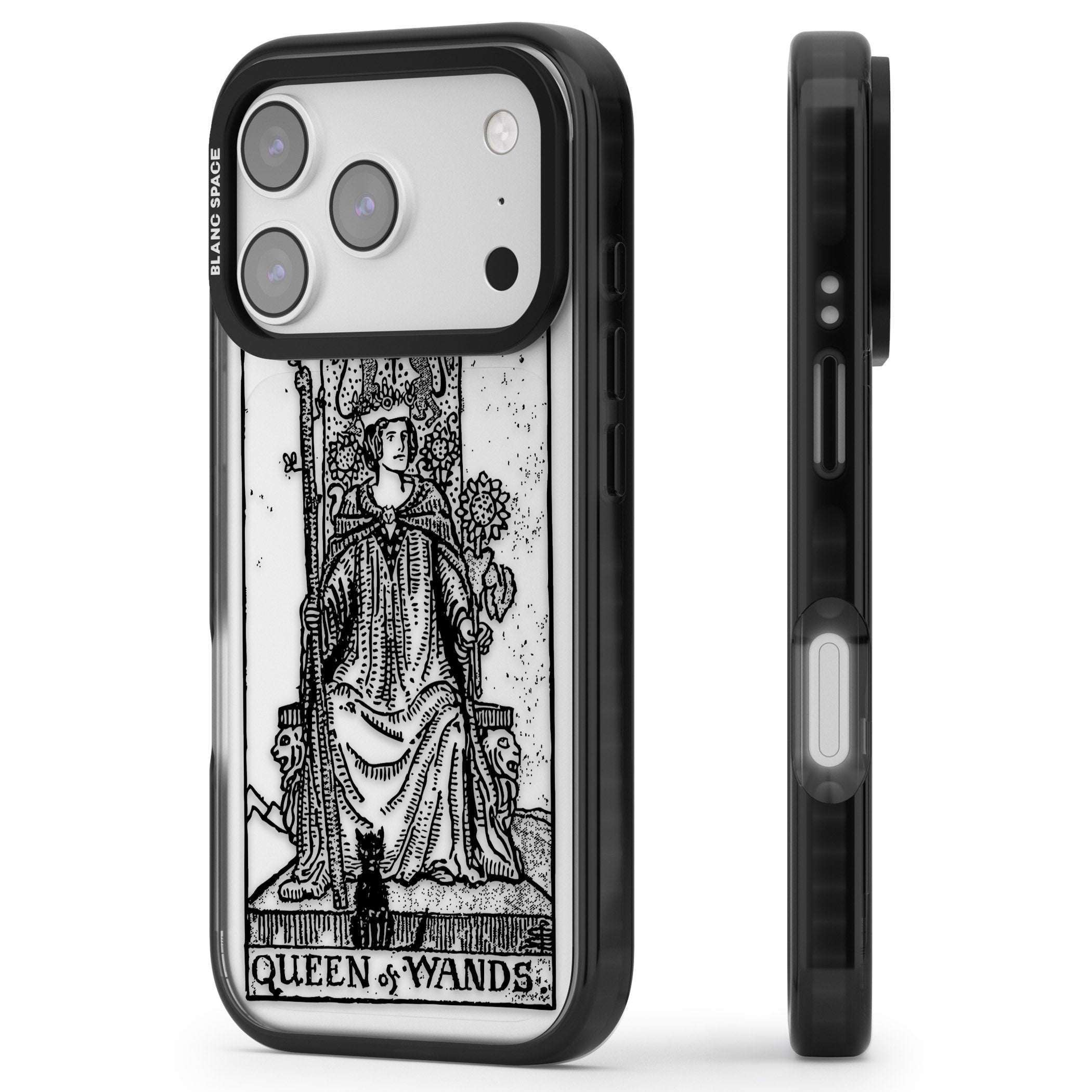 Personalised Queen Of Wands Tarot Card (Clear) iPhone 17 Pro Impact Black Phone Case Side Profile