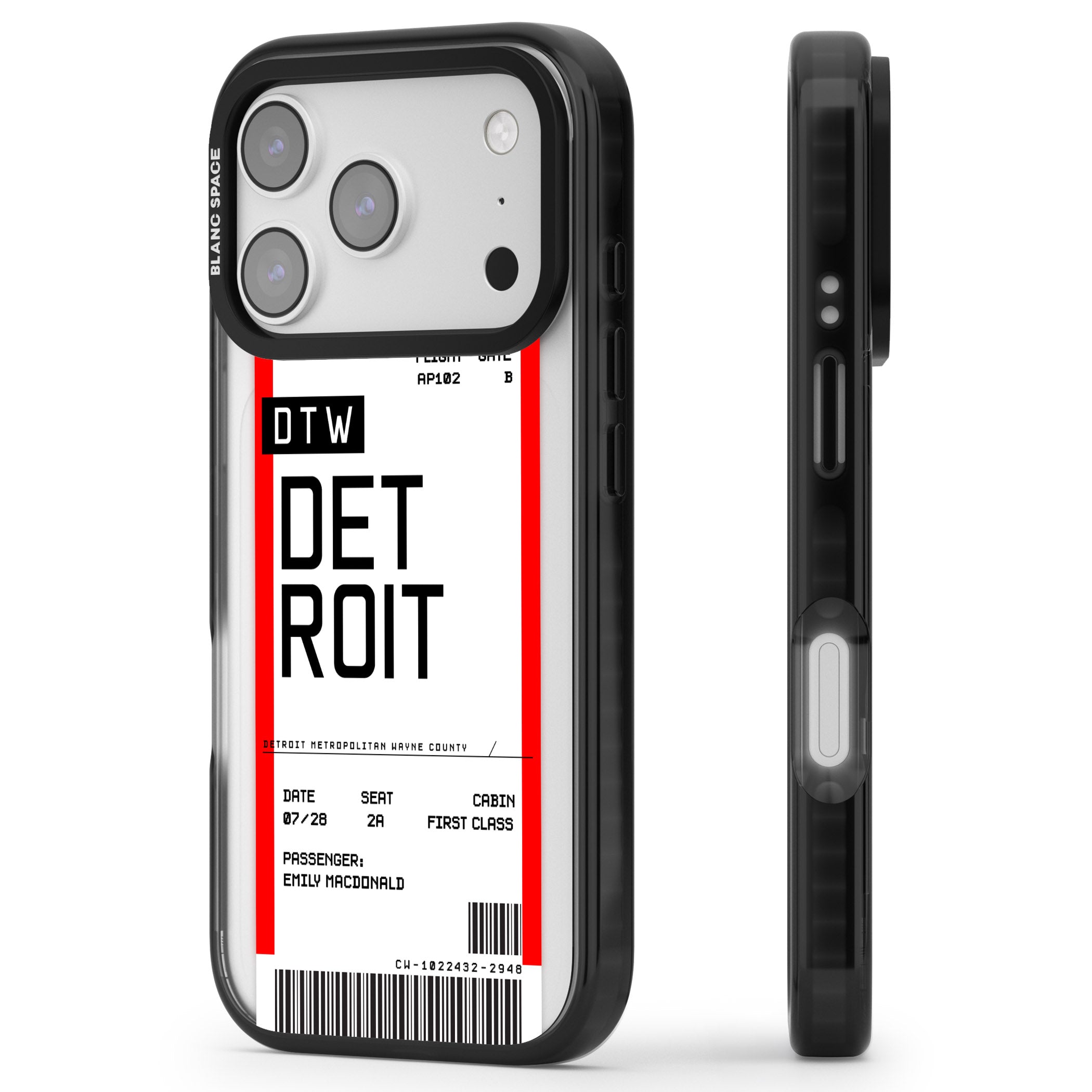 Personalised Detroit Boarding Pass iPhone 17 Pro Impact Black Phone Case Side Profile