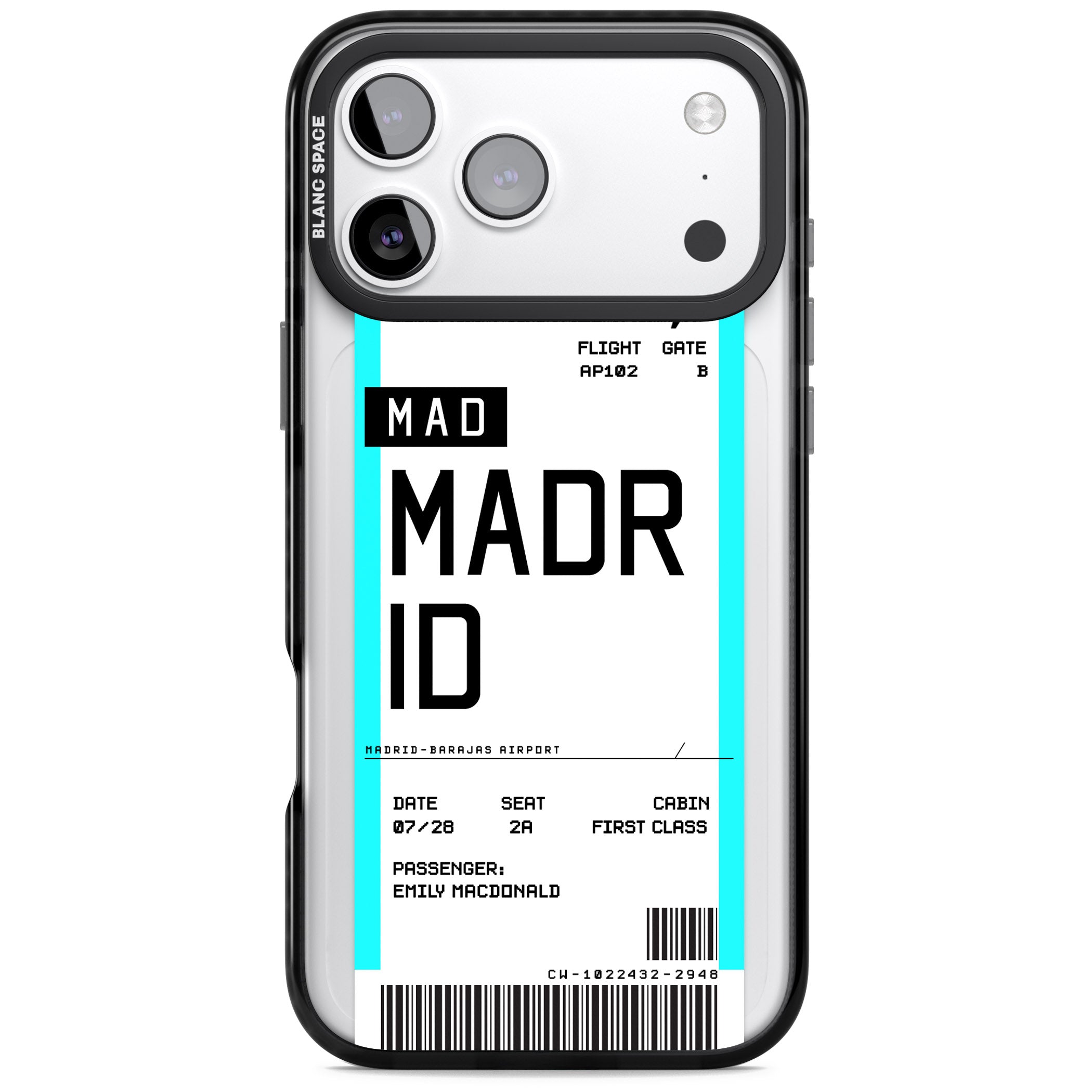 Personalised Madrid Boarding Pass iPhone 17 Pro Impact Black Phone Case