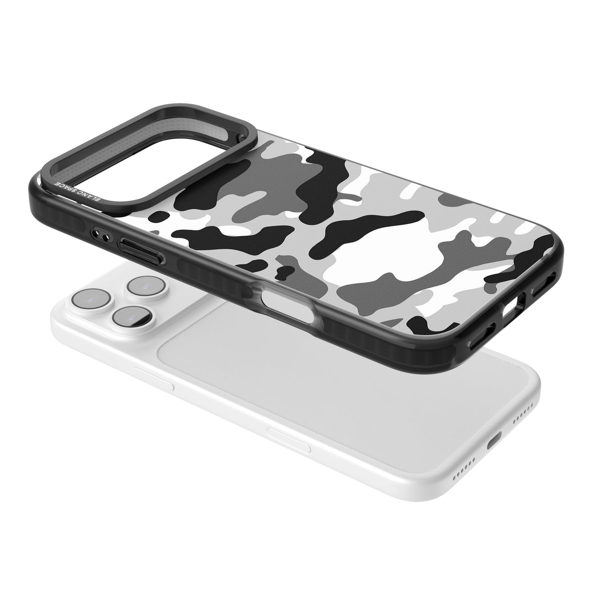 Grey Camo iPhone 17 Pro Max Impact Black Phone Case angled