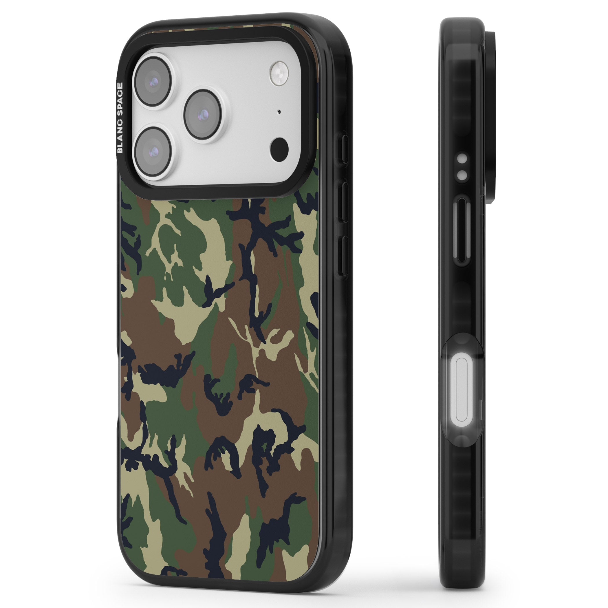 Forest Green Camo iPhone 17 Pro Impact Black Phone Case Side Profile