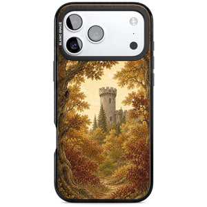 Autumn Keep cottagecore iPhone case featuring a medieval castle tower framed by golden autumn trees and woodland foliage | Clear Impact case for iPhone 17 Pro, iPhone 17 Pro Max