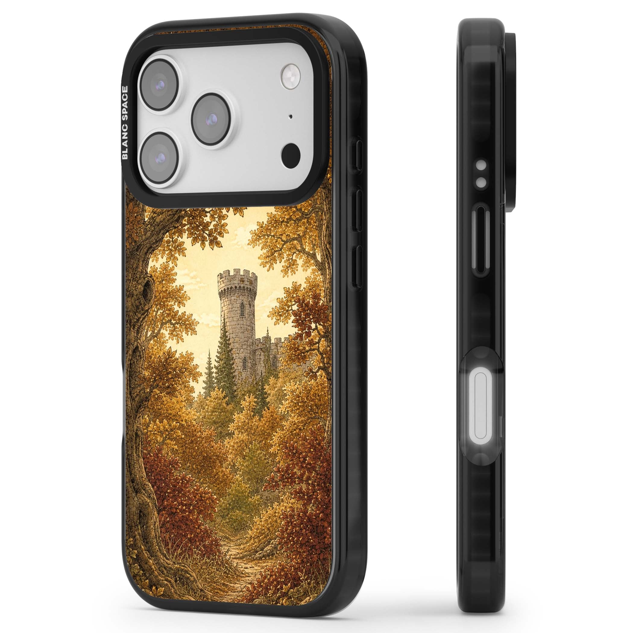 Autumn Keep cottagecore iPhone case featuring a medieval castle tower framed by golden autumn trees and woodland foliage | Clear Impact case for iPhone 17 Pro, iPhone 17 Pro Max