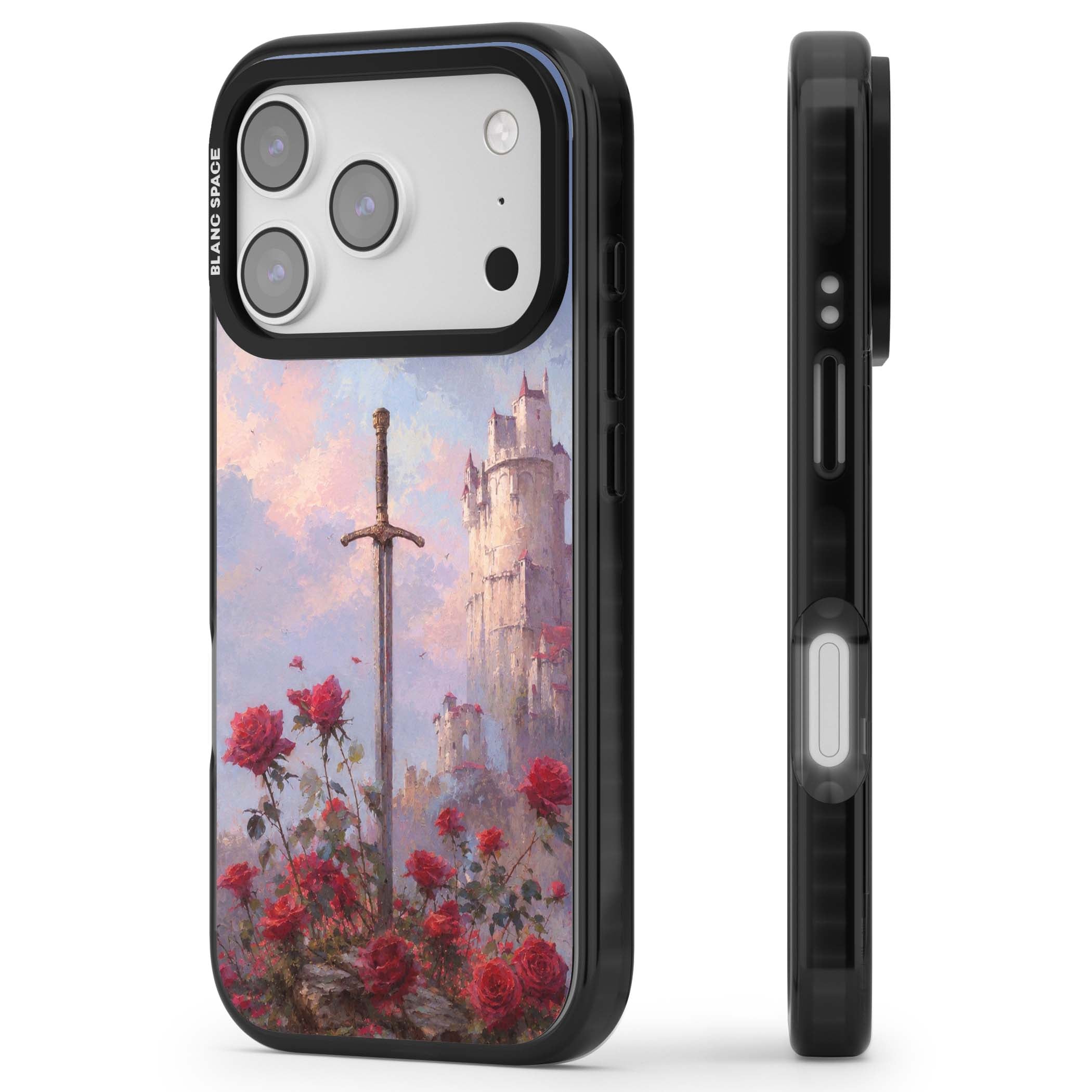 Sword in Roses medieval art iPhone case featuring a sword, red roses, and a misty fairytale castle at sunset | Clear Impact case for iPhone 17 Pro, iPhone 17 Pro Max