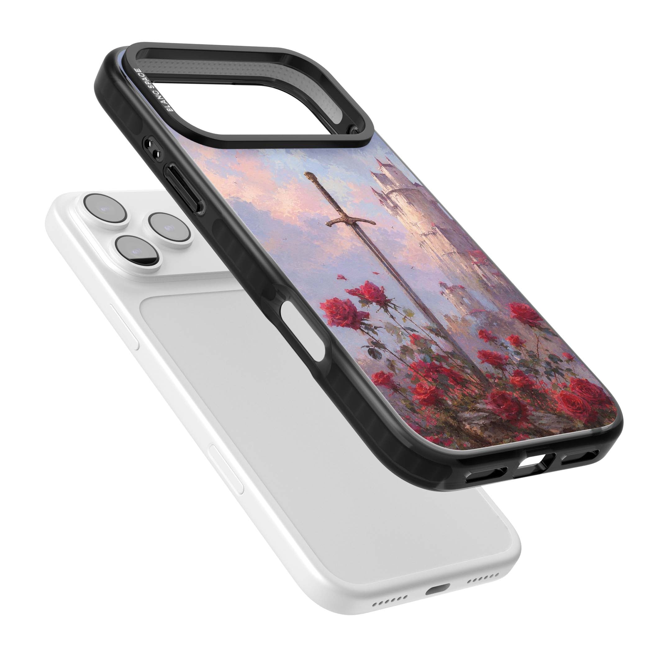 Sword in Roses medieval art iPhone case featuring a sword, red roses, and a misty fairytale castle at sunset | Clear Impact case for iPhone 17 Pro, iPhone 17 Pro Max