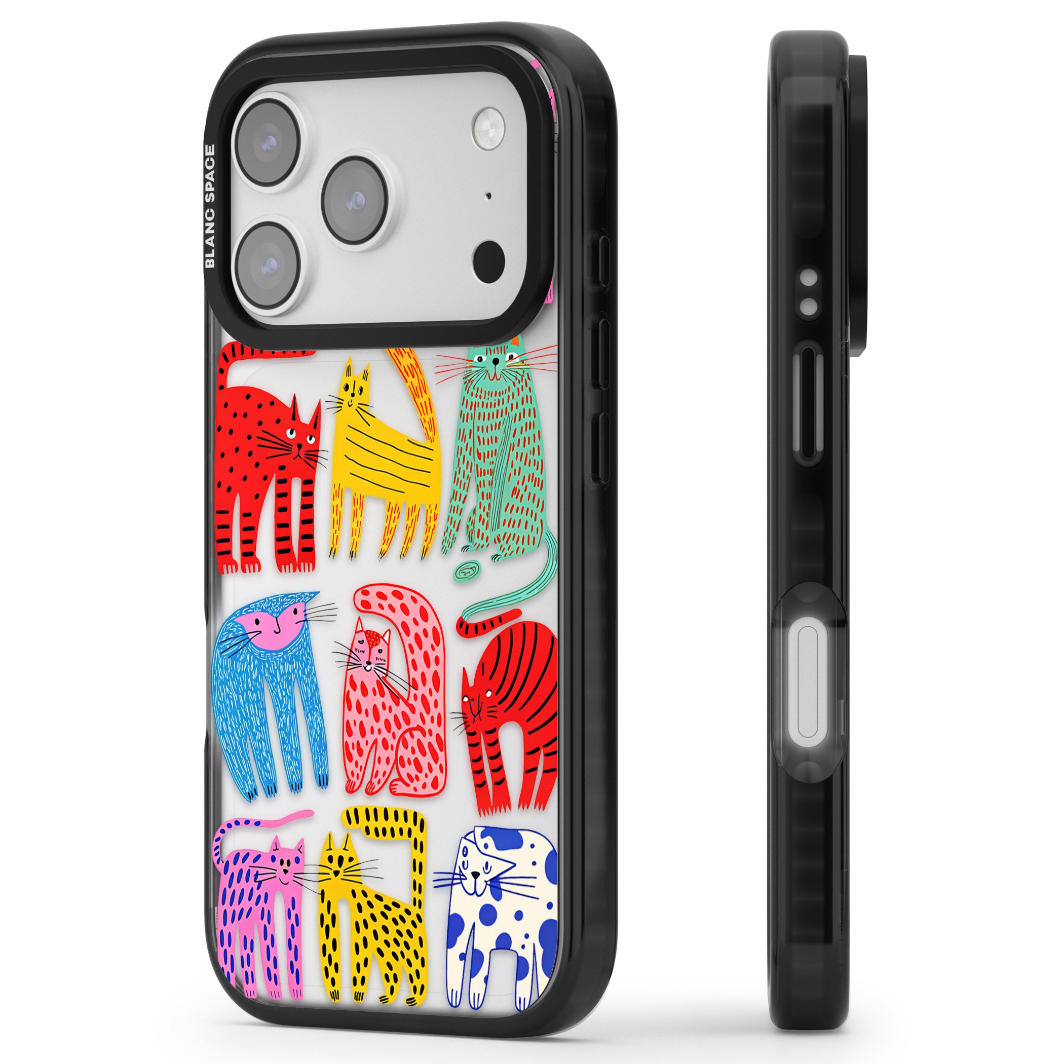 Abstract Colourful Cats iPhone 17 Pro Impact Black Phone Case Side Profile