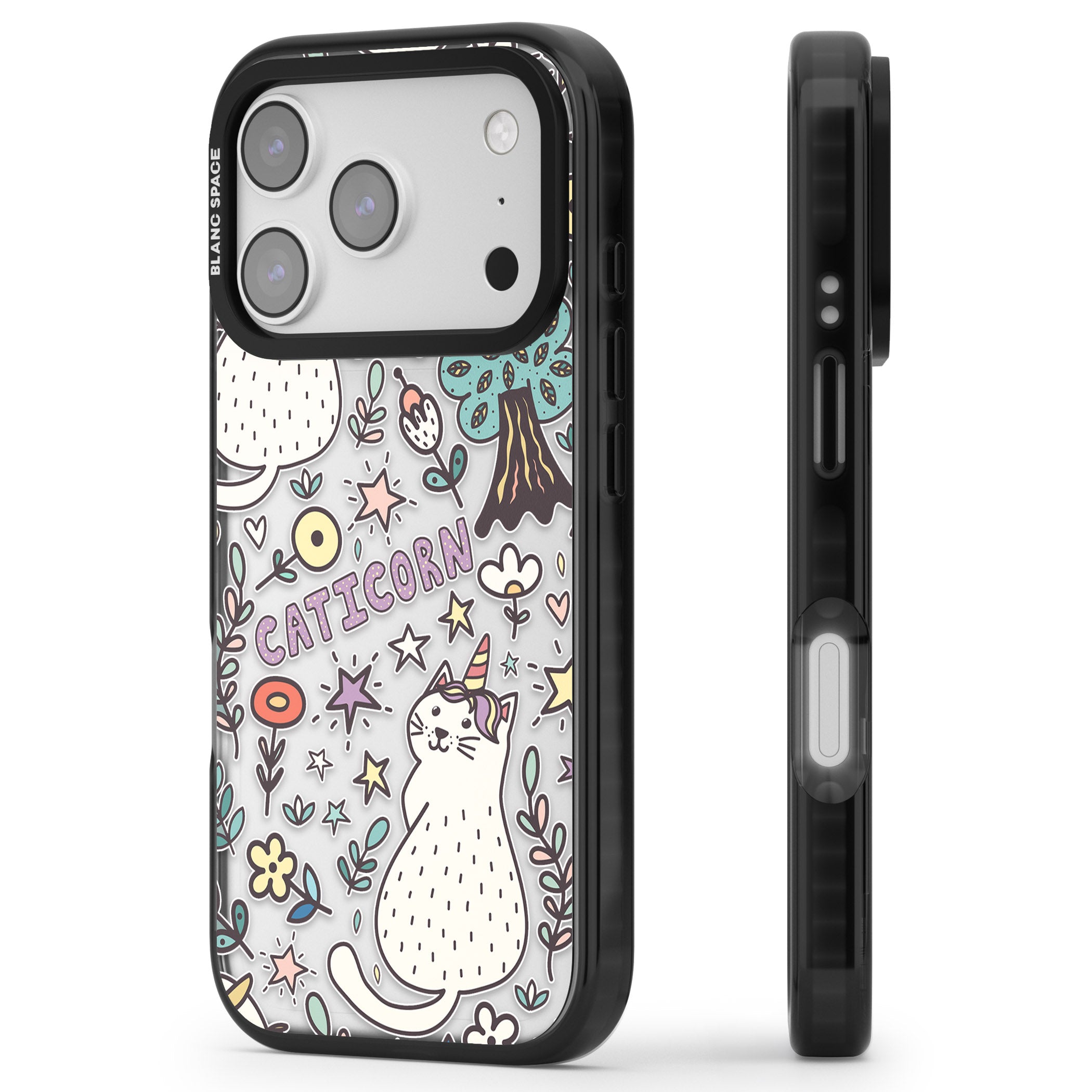 Caticorn Pattern iPhone 17 Pro Impact Black Phone Case Side Profile