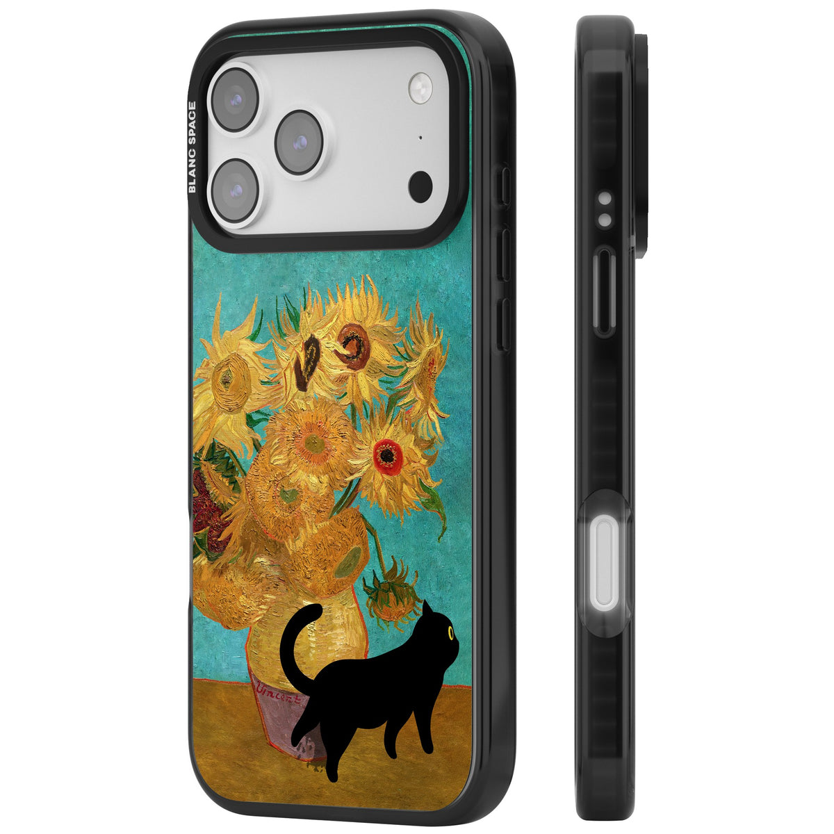 Cat with Van Gogh's Sunflowers iPhone 17 Pro Max Impact Black Phone Case side