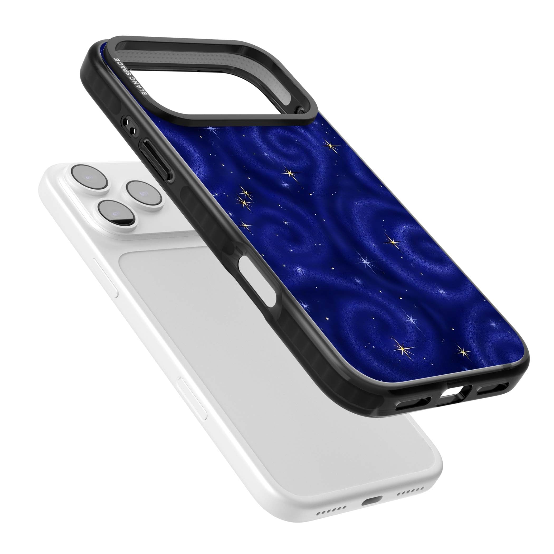 Indigo Cosmos celestial iPhone case featuring swirling navy night sky and sparkling golden stars | Clear Impact case for iPhone 17 Pro, iPhone 17 Pro Max