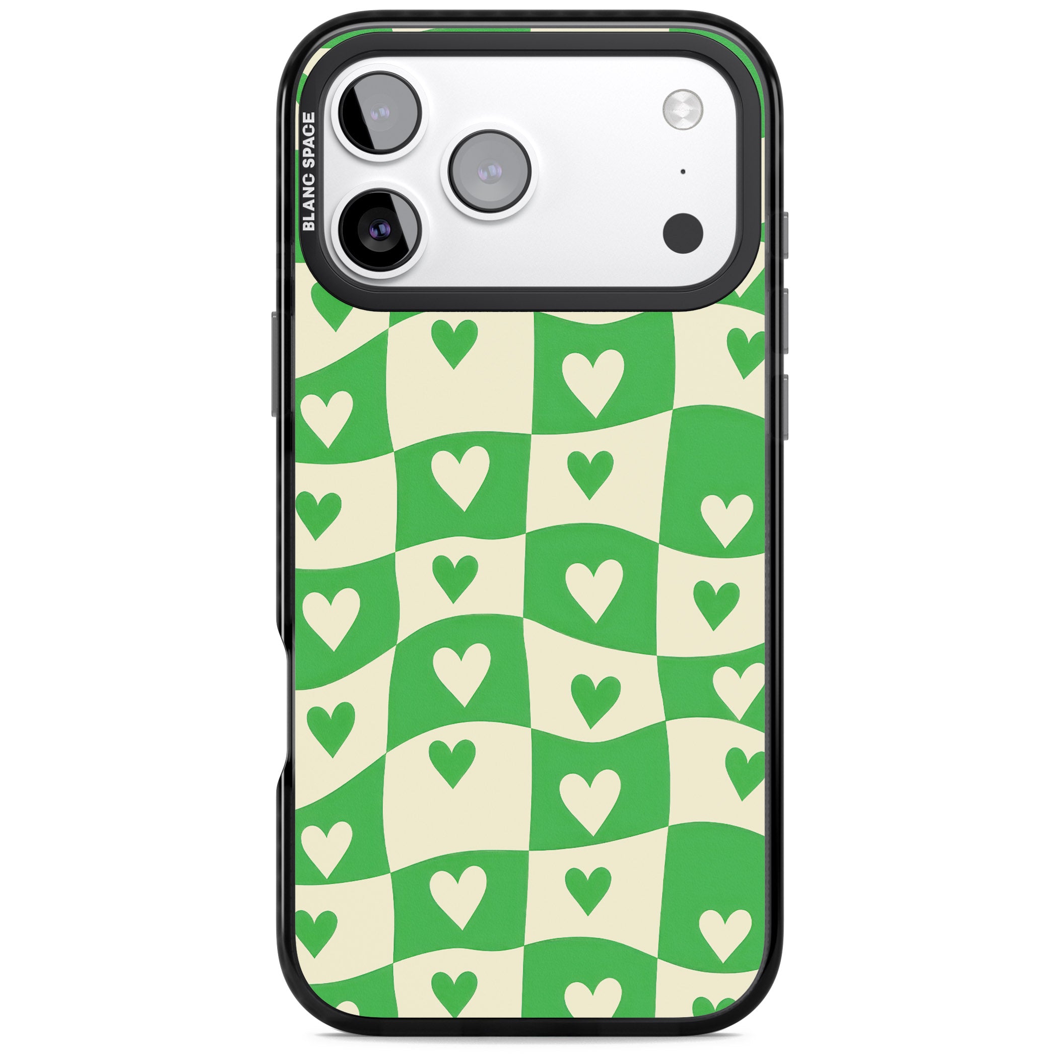 Green Wavy Checked Hearts iPhone 17 Pro Impact Black Phone Case