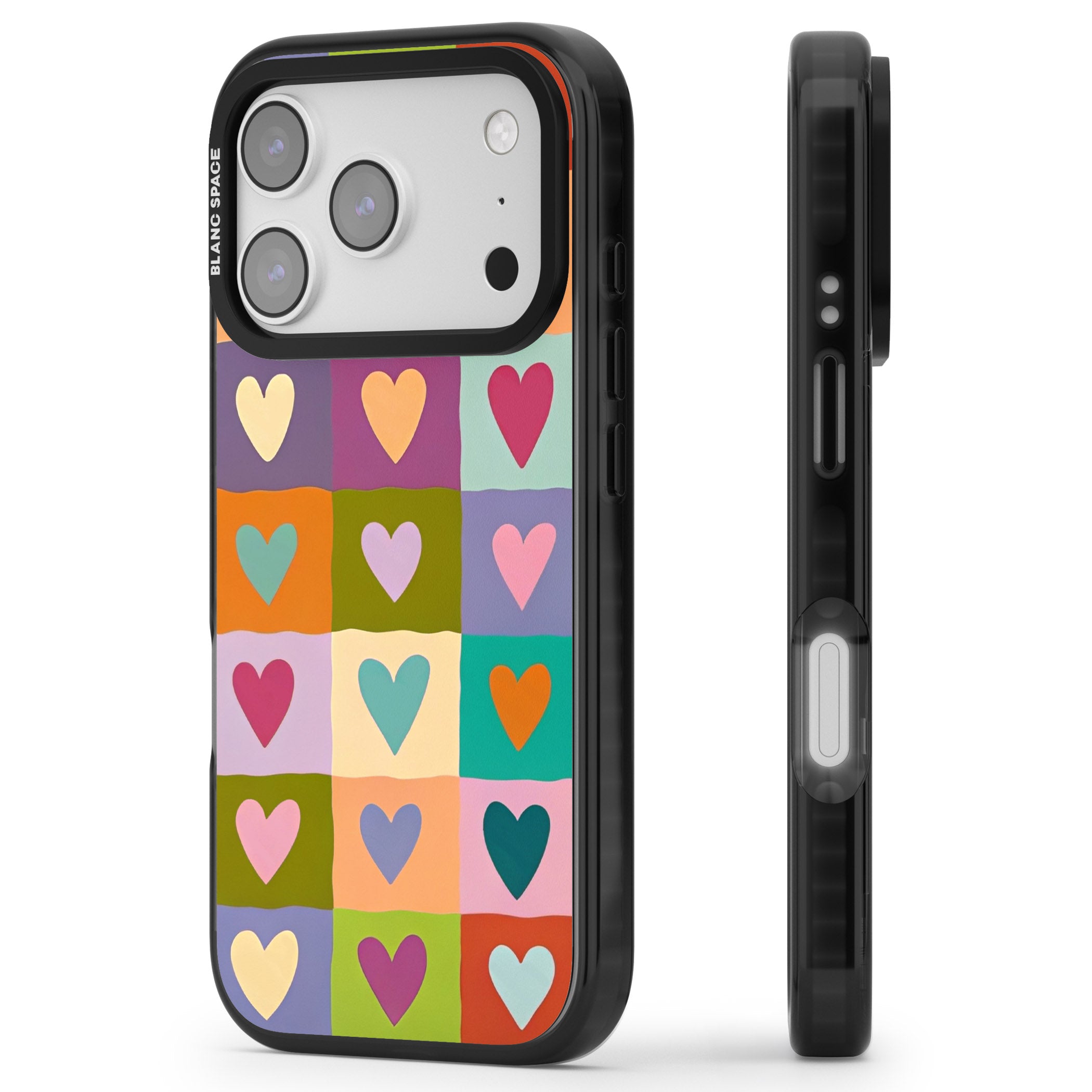 Multicolour Checked Hearts iPhone 17 Pro Impact Black Phone Case Side Profile