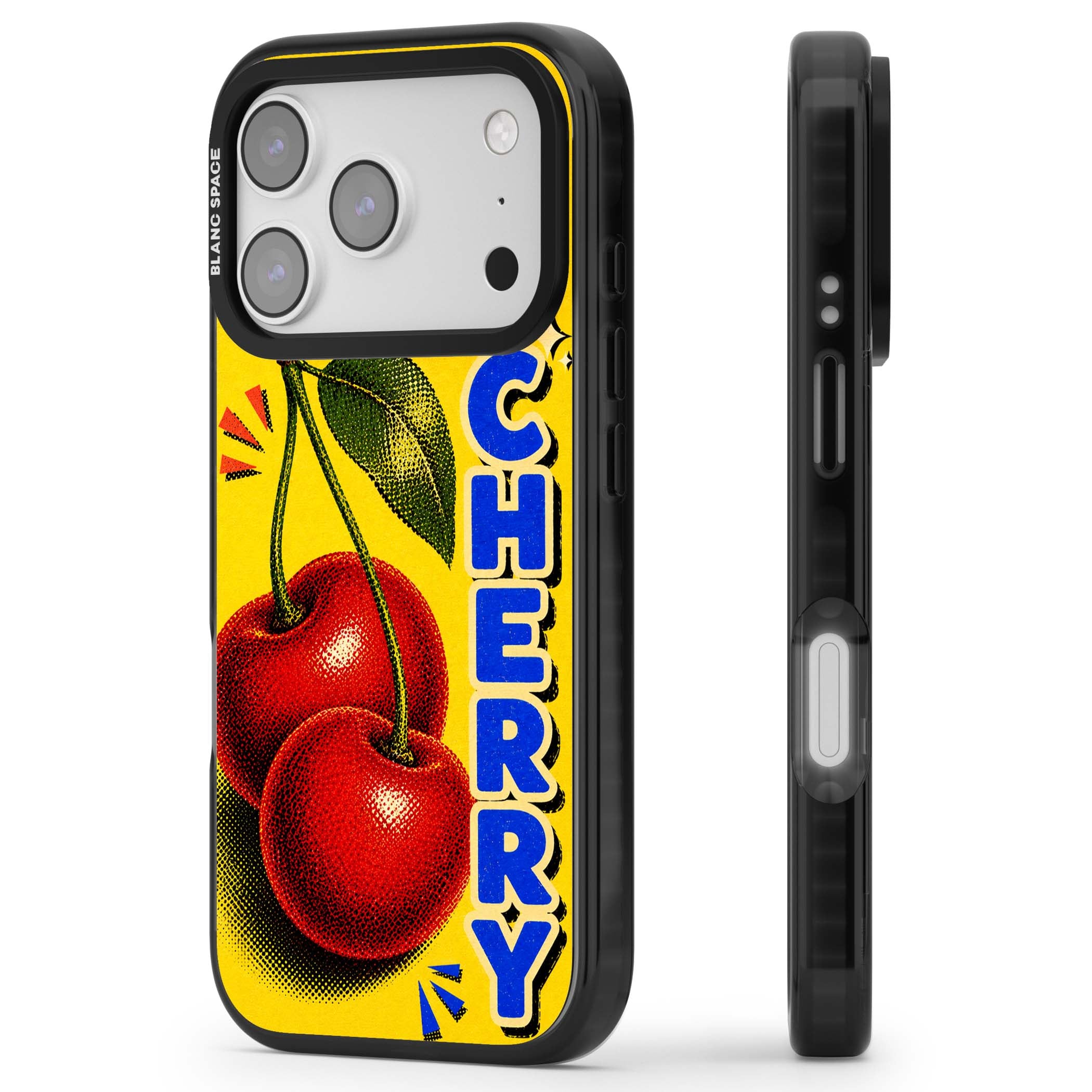 Cherry Yellow y2k iPhone case featuring two red cherries, halftone shading and bold blue CHERRY lettering on yellow | Clear Impact case for iPhone 17 Pro, iPhone 17 Pro Max