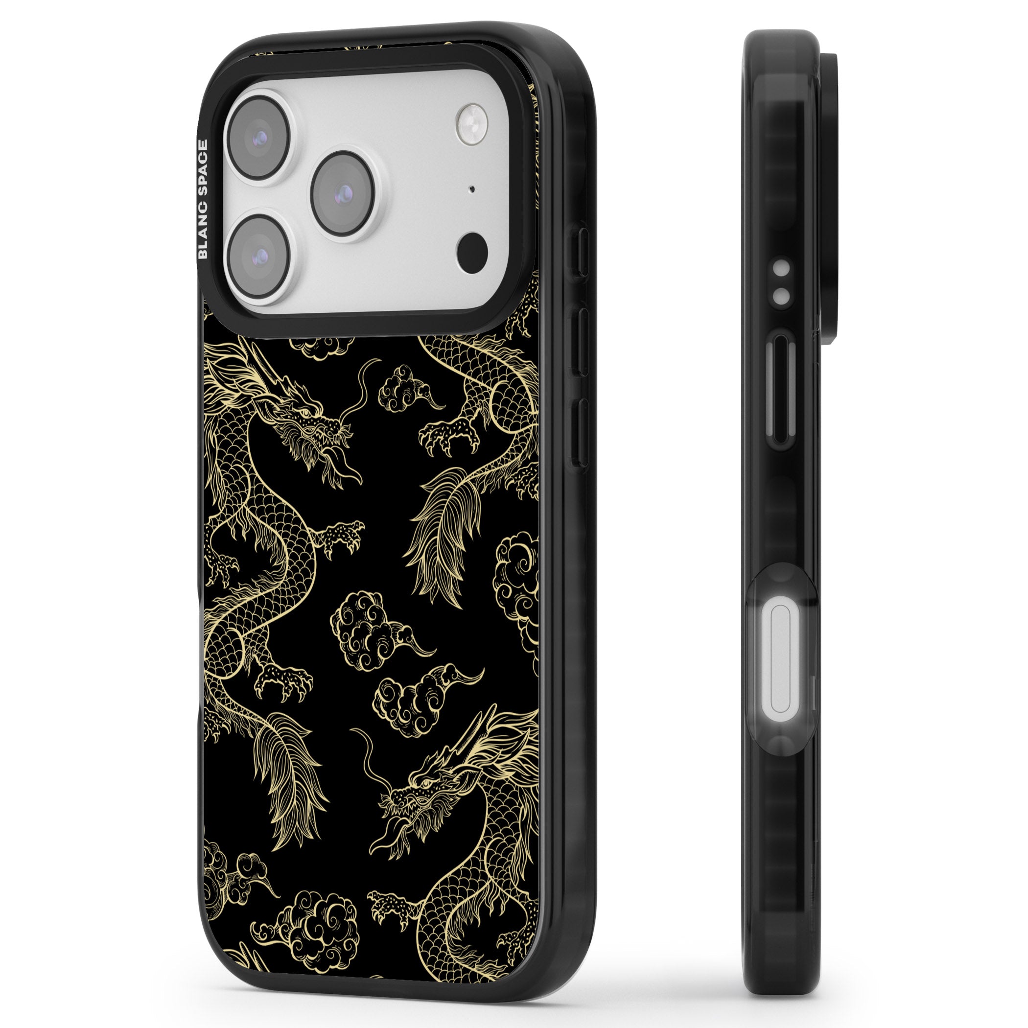 Black And Gold Dragon Pattern iPhone 17 Pro Impact Black Phone Case Side Profile