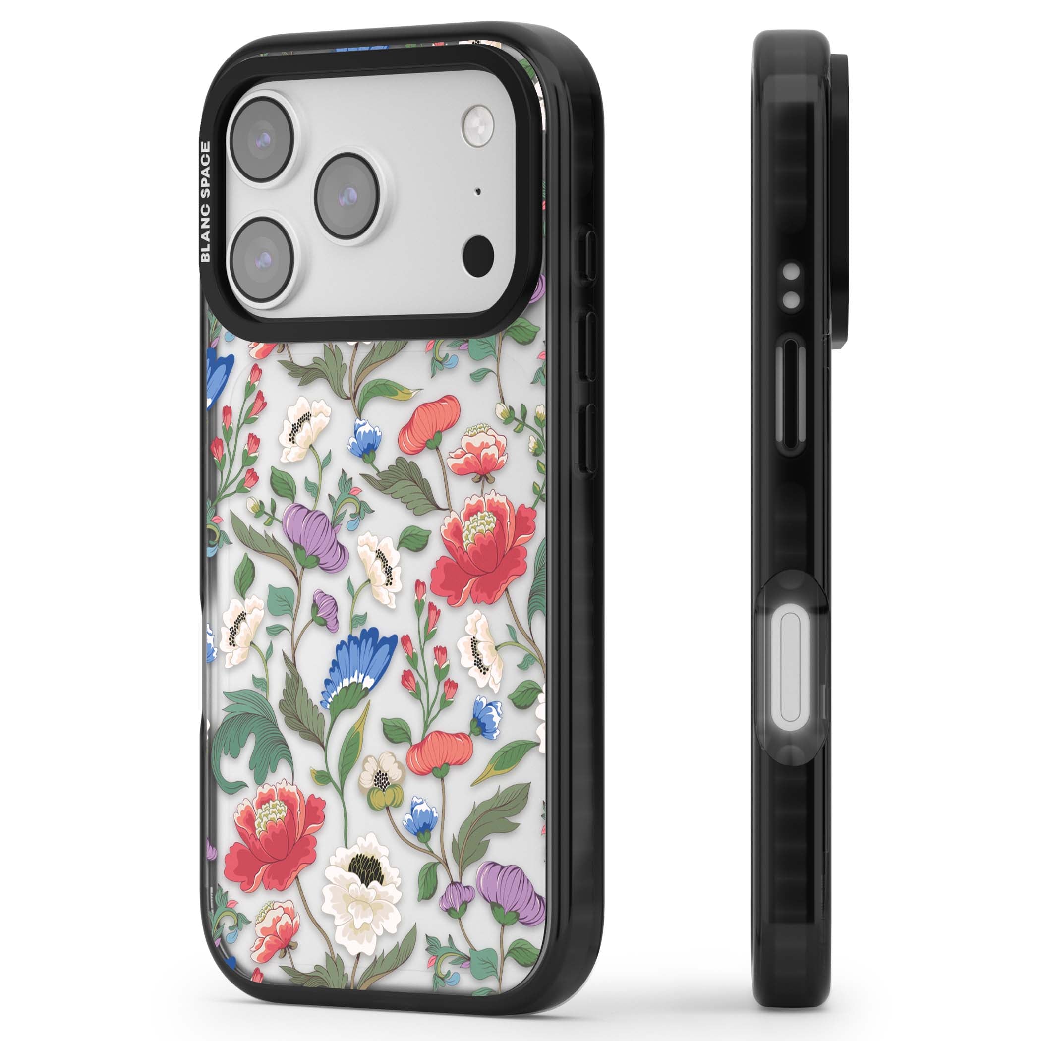 Chinoiserie Bloom vintage floral iPhone case featuring hand-painted peonies, poppies and trailing wildflowers on clear... | Clear Impact case for iPhone 17 Pro, iPhone 17 Pro Max