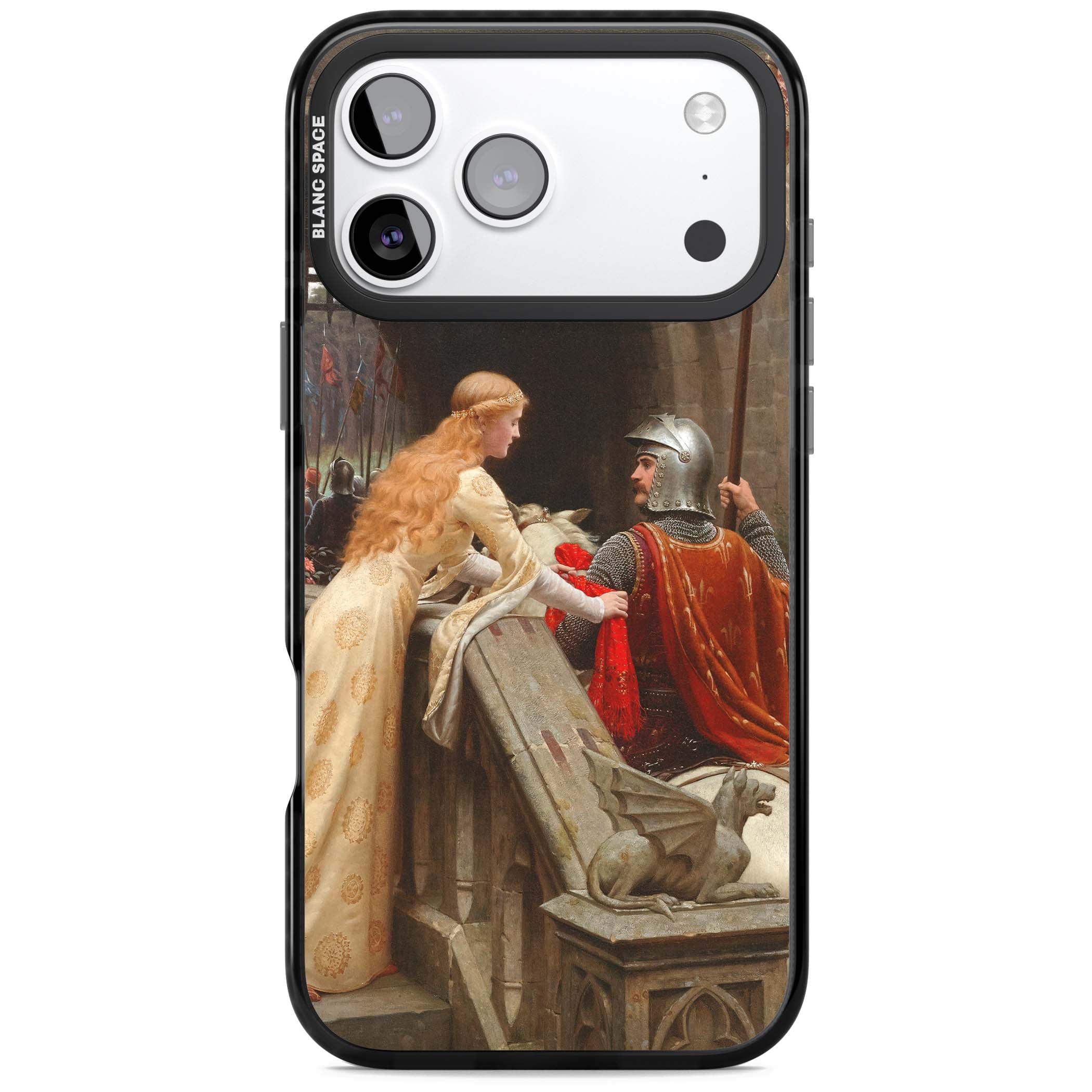 God Speed fine art iPhone case featuring Edmund Blair Leighton's medieval knight and lady beneath a stone archway | Clear Impact case for iPhone 17 Pro, iPhone 17 Pro Max
