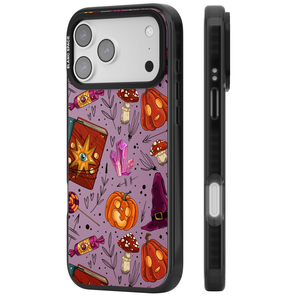 Witchy Cartoon Halloween Pattern iPhone 17 Pro Max Impact Black Phone Case side