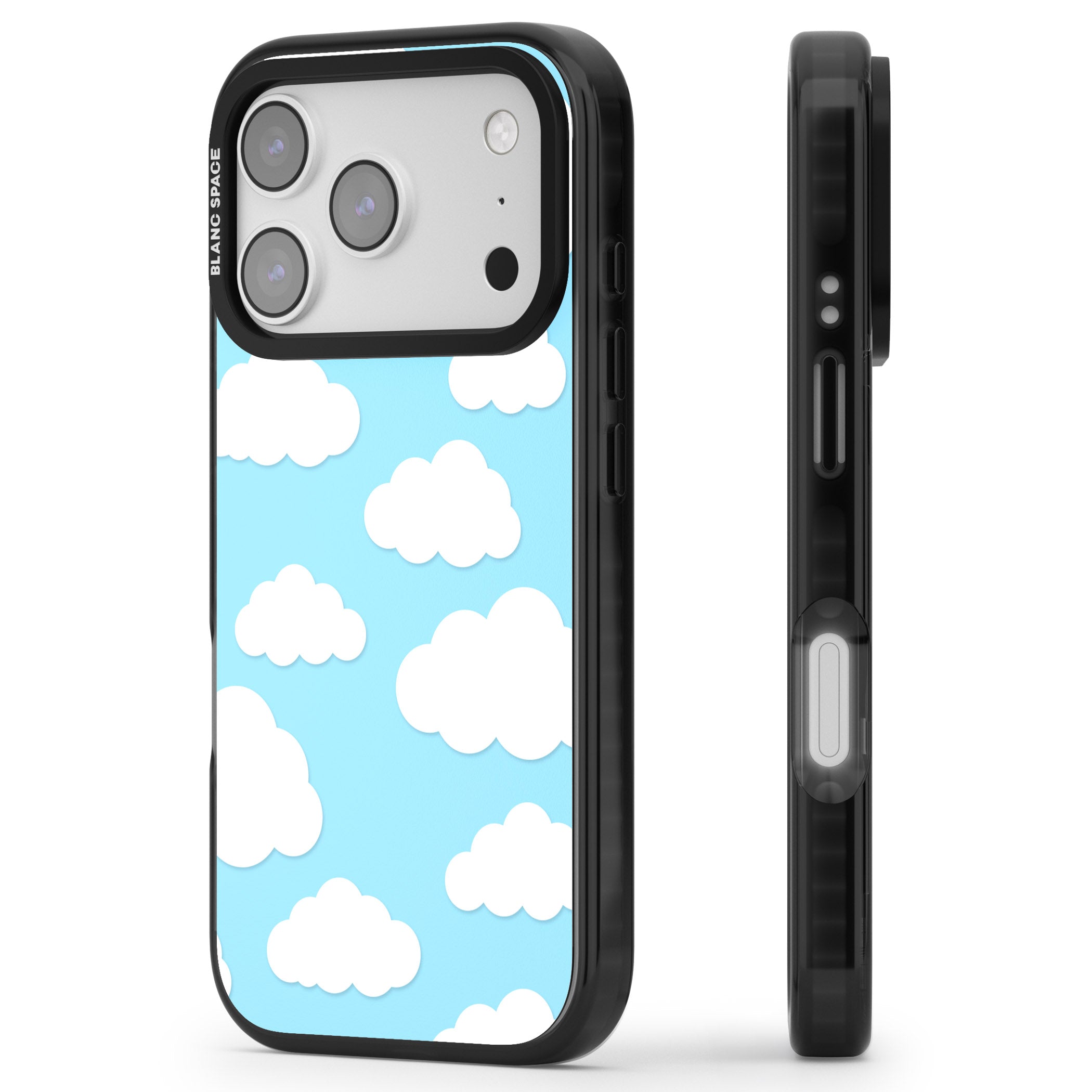 Blue Sky & Clouds Pattern iPhone 17 Pro Impact Black Phone Case Side Profile