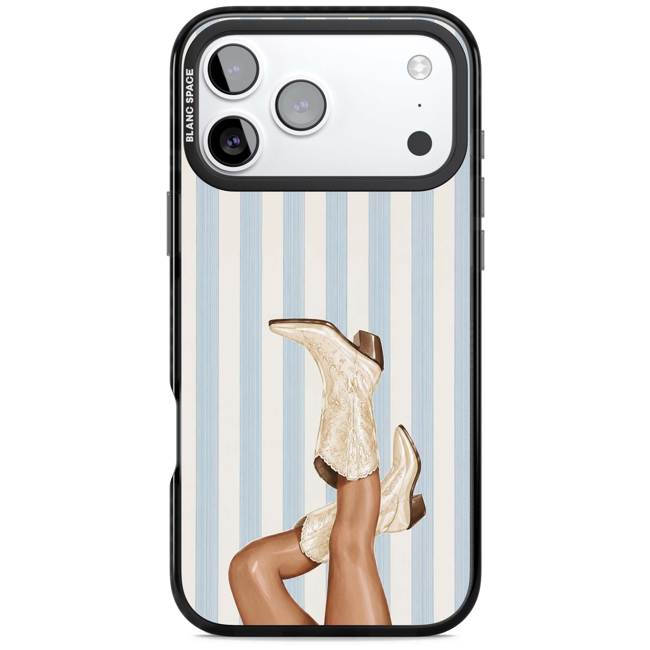 Cowgirl Boots coastal cowgirl iPhone case featuring embroidered western boots, tanned legs and a blue stripe backdrop | Clear Impact case for iPhone 17 Pro, iPhone 17 Pro Max