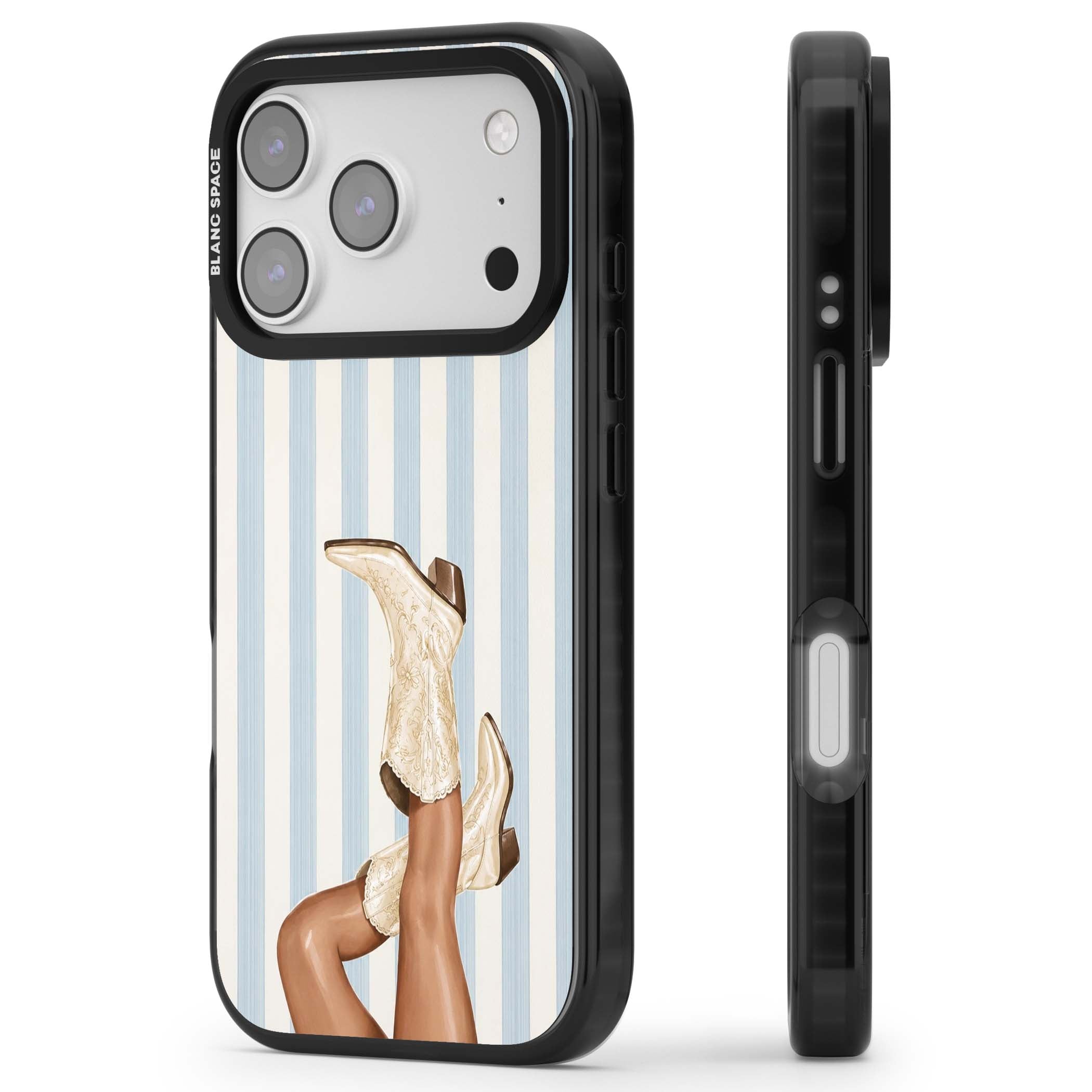 Cowgirl Boots coastal cowgirl iPhone case featuring embroidered western boots, tanned legs and a blue stripe backdrop | Clear Impact case for iPhone 17 Pro, iPhone 17 Pro Max
